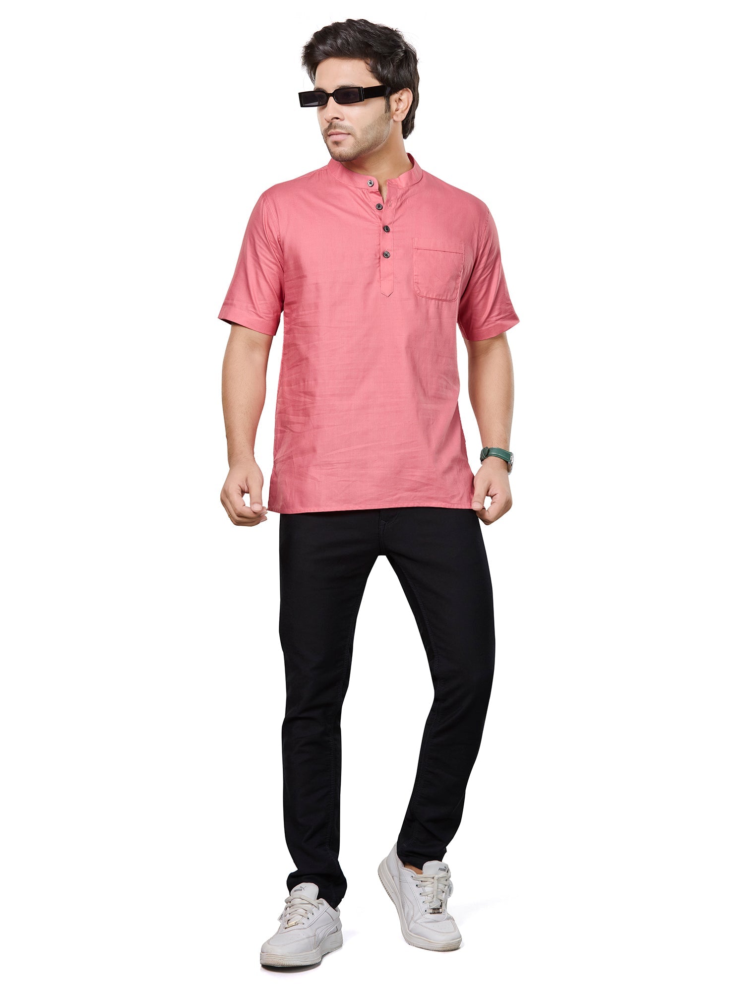 Cotton Short Kurta Half Sleeves for Men - Peach | SHSRSSPIN3 | DesiQlo