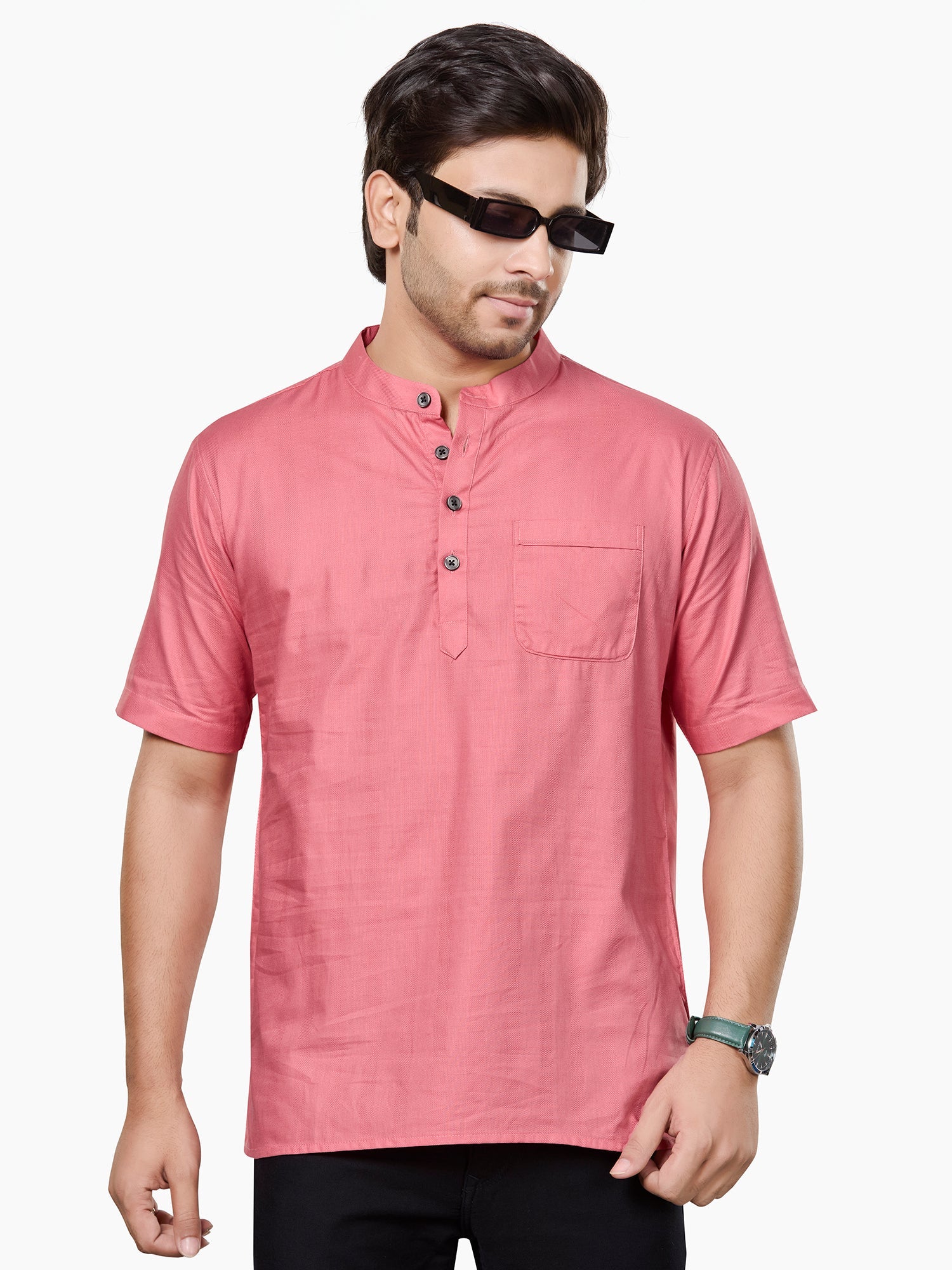 Cotton Short Kurta Half Sleeves for Men - Peach | SHSRSSPIN3 | DesiQlo