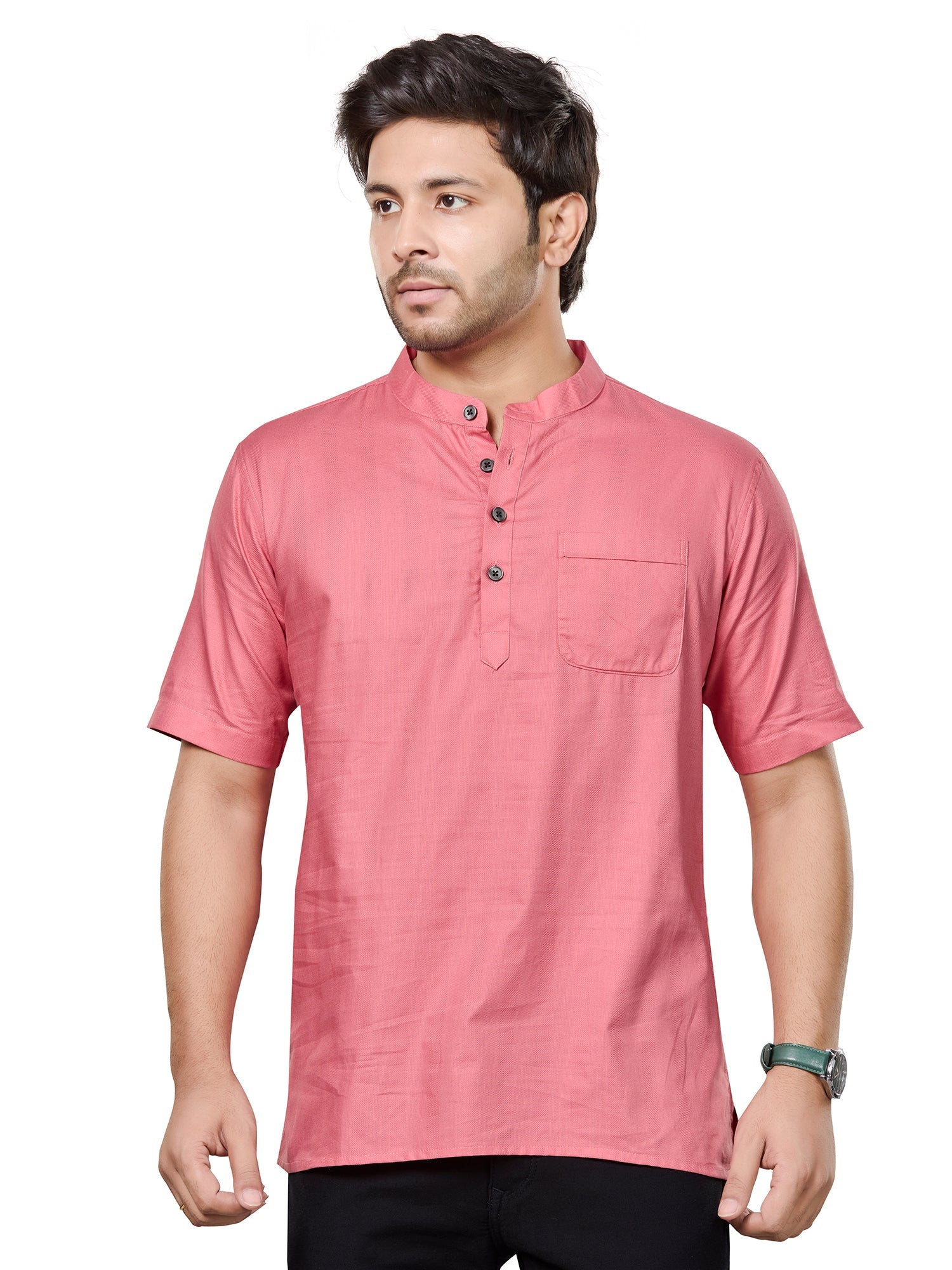 Cotton Short Kurta Half Sleeves for Men - Peach | SHSRSSPIN3 | DesiQlo