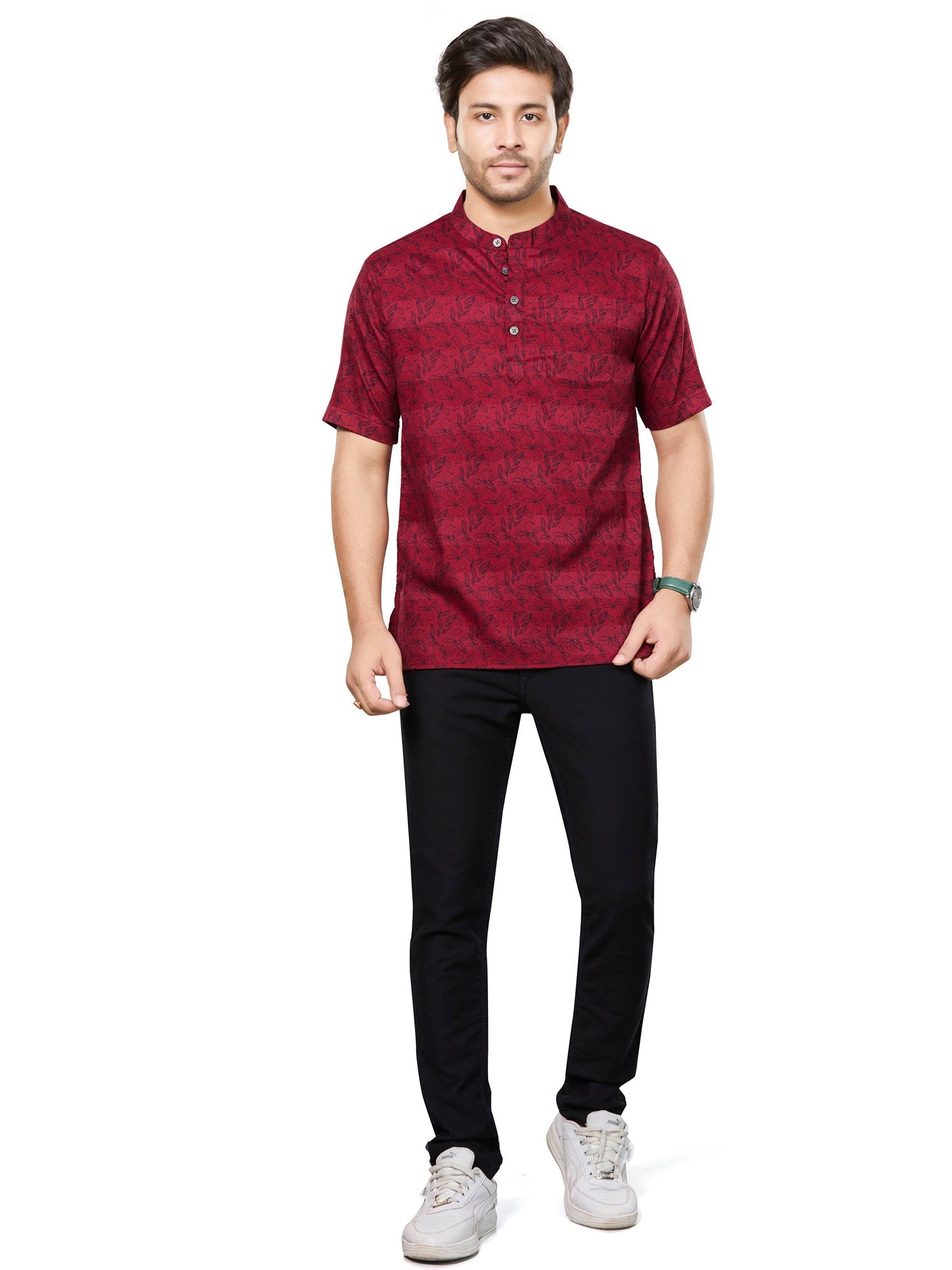 Cotton Short Kurta Half Sleeves for Men - Navy Blue | SHAVFLOMAR | DesiQlo