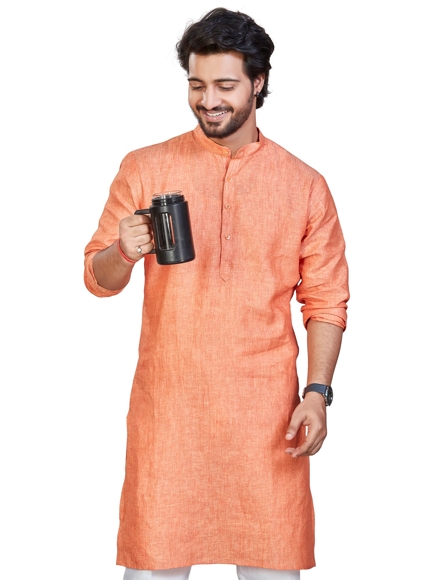 Linen Kurta for Men - Orange | KULM60LPCH | DesiQlo