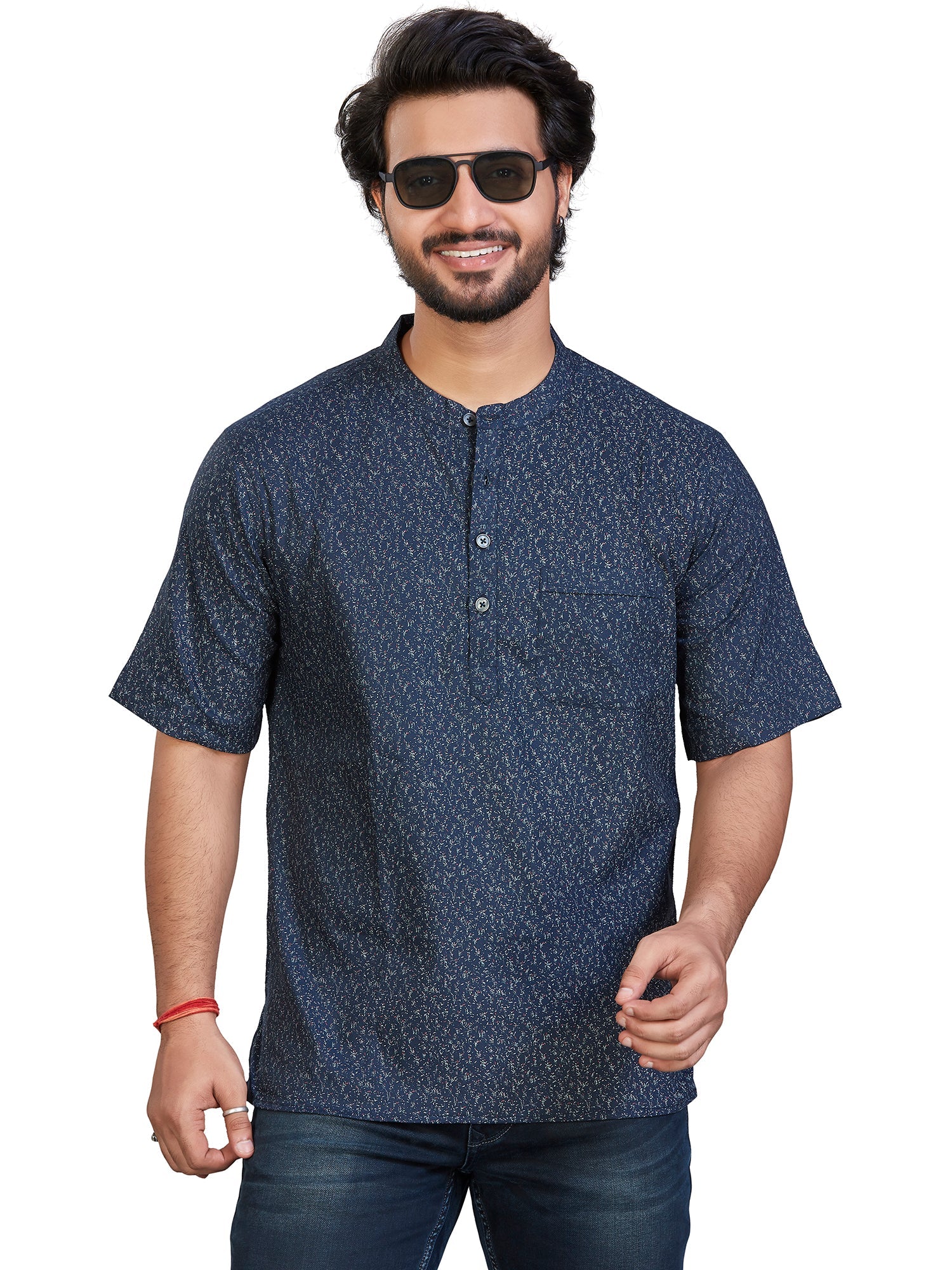 Cotton Short Kurta Half Sleeves for Men - Navy Blue | SHAVPRBLU3 | DesiQlo