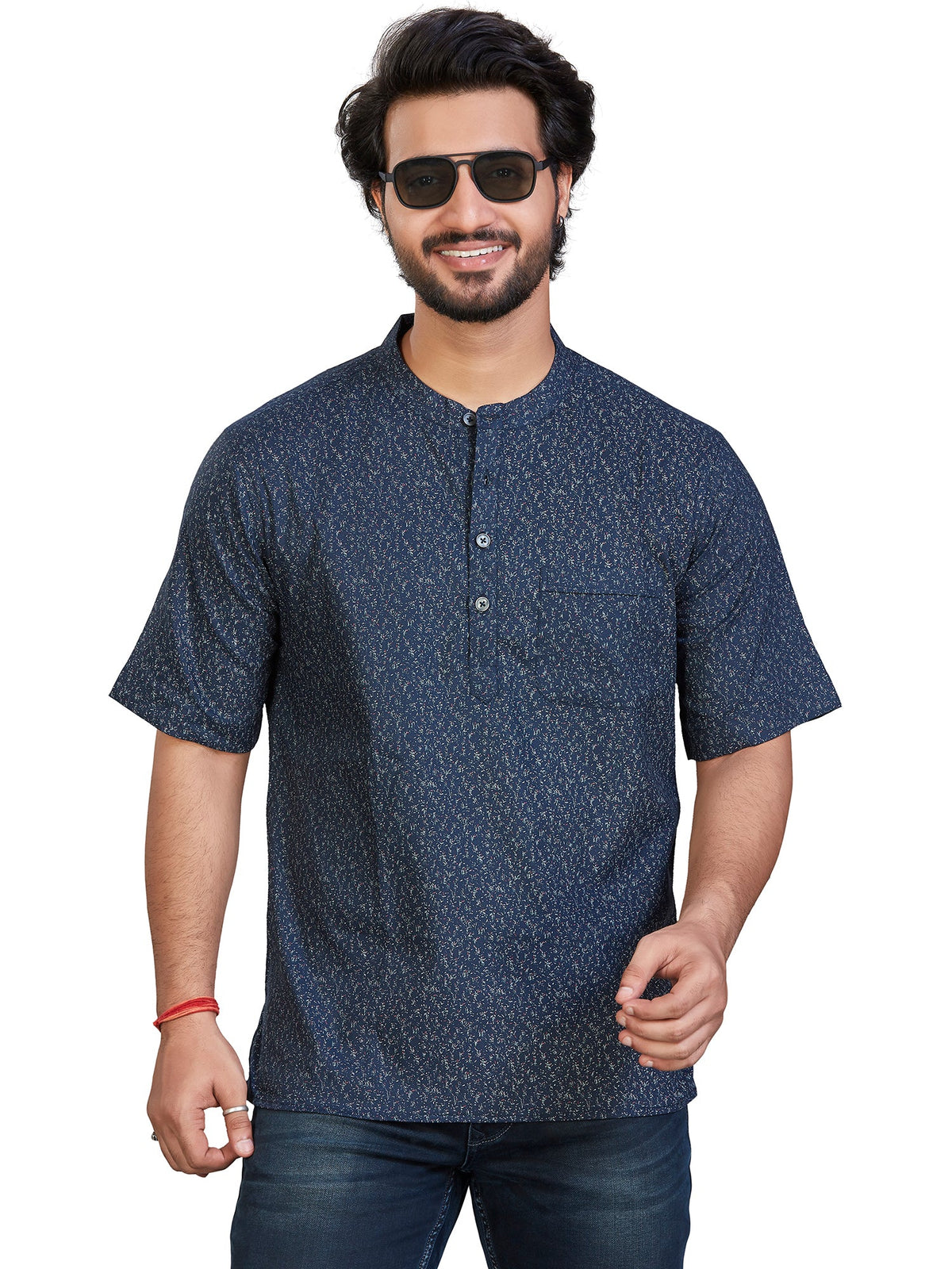 Cotton Short Kurta for Men - Navy Blue | SHAVPRBLU3
