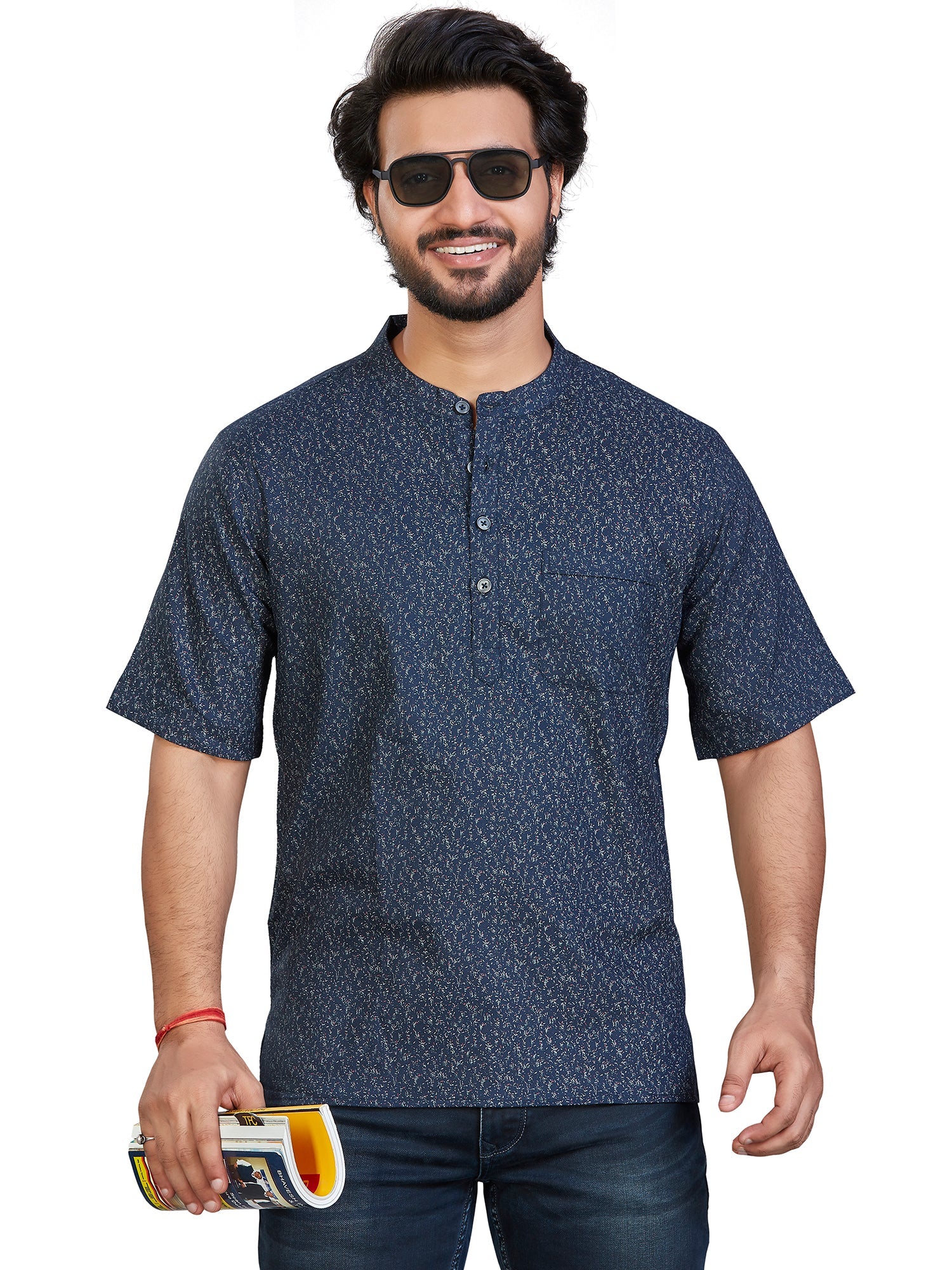 Cotton Short Kurta Half Sleeves for Men - Navy Blue | SHAVPRBLU3 | DesiQlo