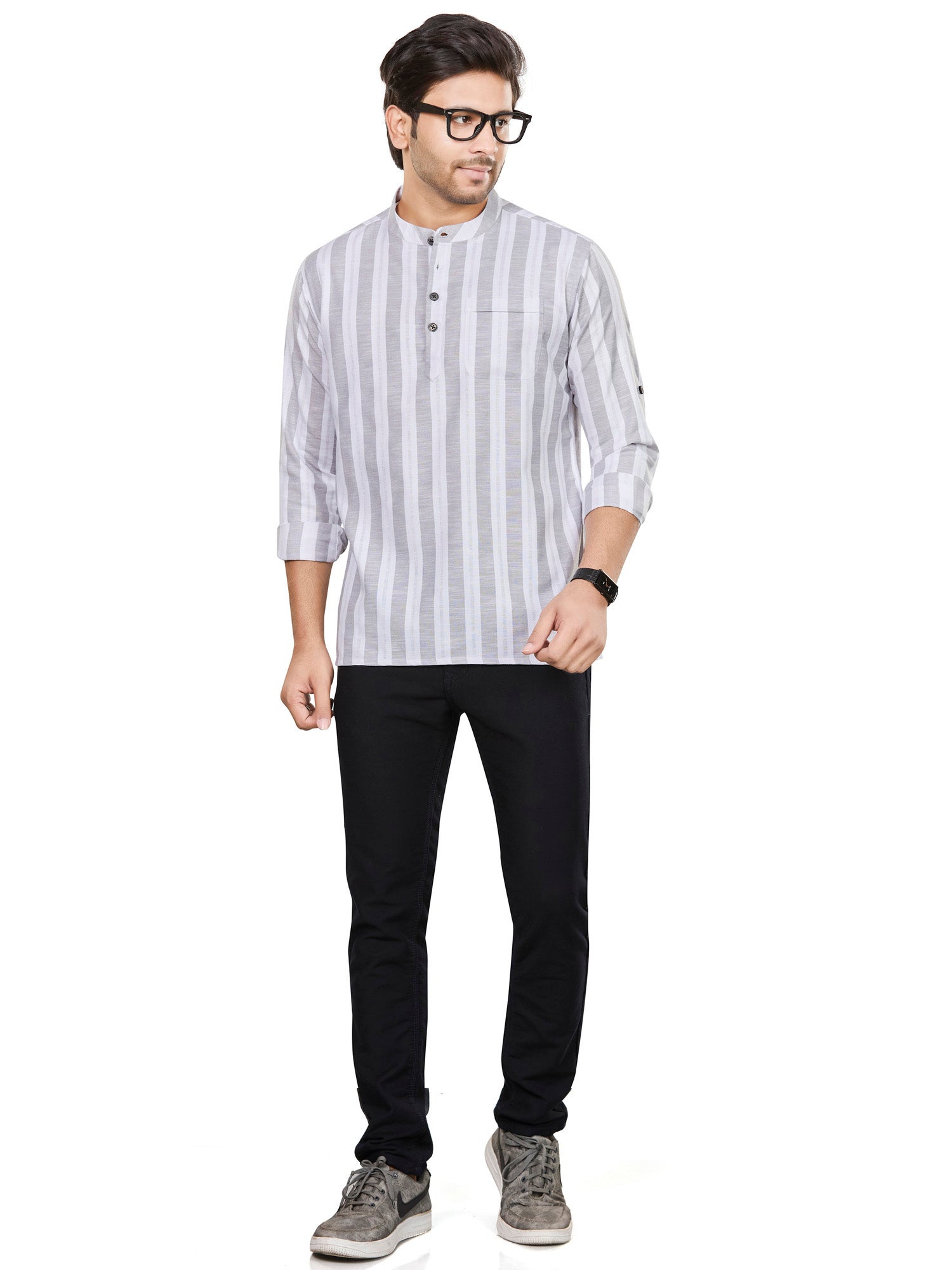 Cotton Short Kurta for Men - White | SKRTPSGRY3 | DesiQlo