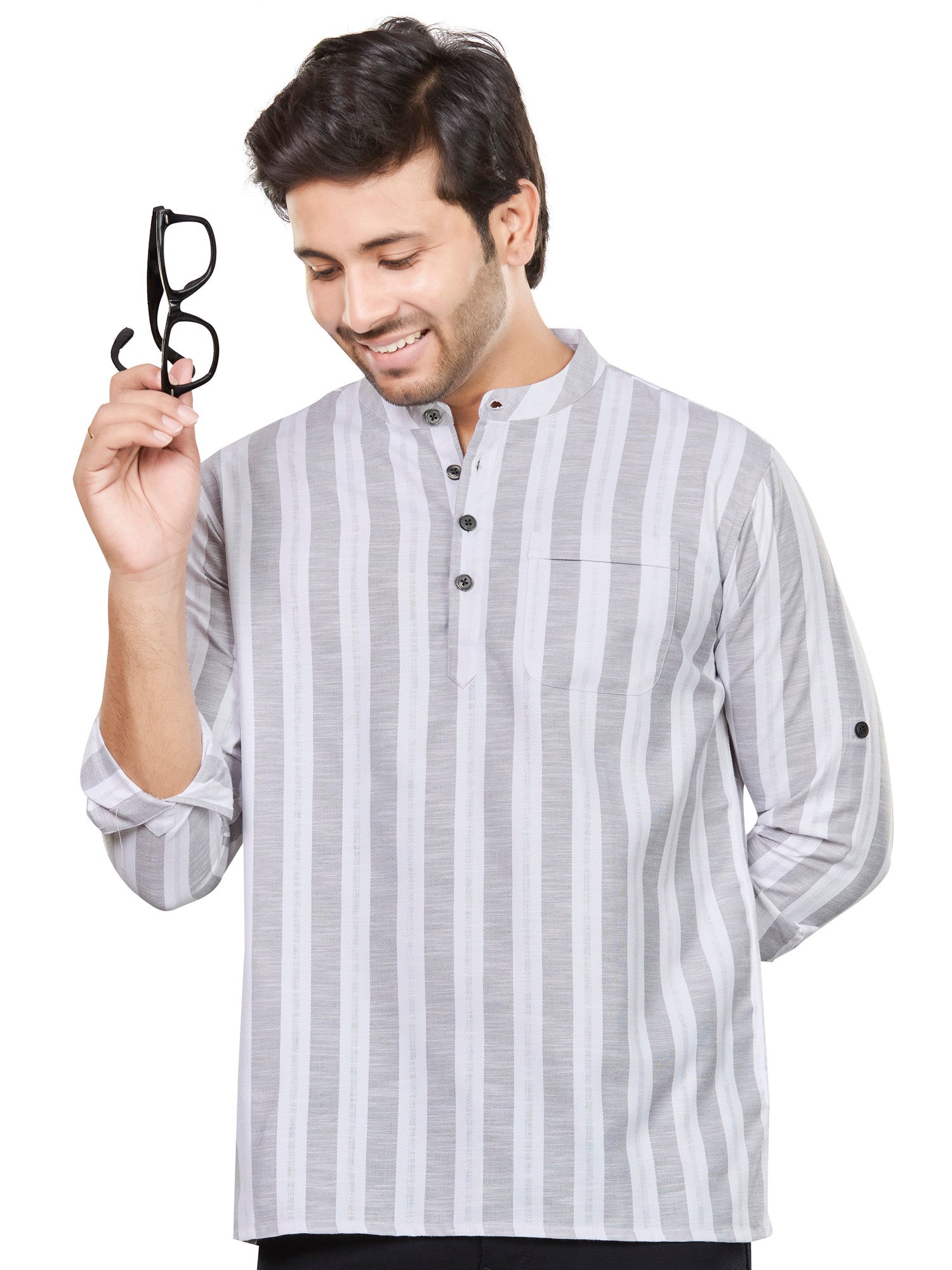 Cotton Short Kurta for Men - White | SKRTPSGRY3 | DesiQlo