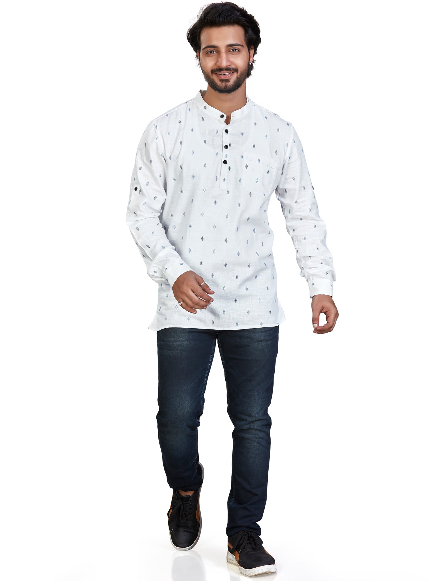 Cotton Short Kurta for Men - White | SKSRBUWBLU | DesiQlo