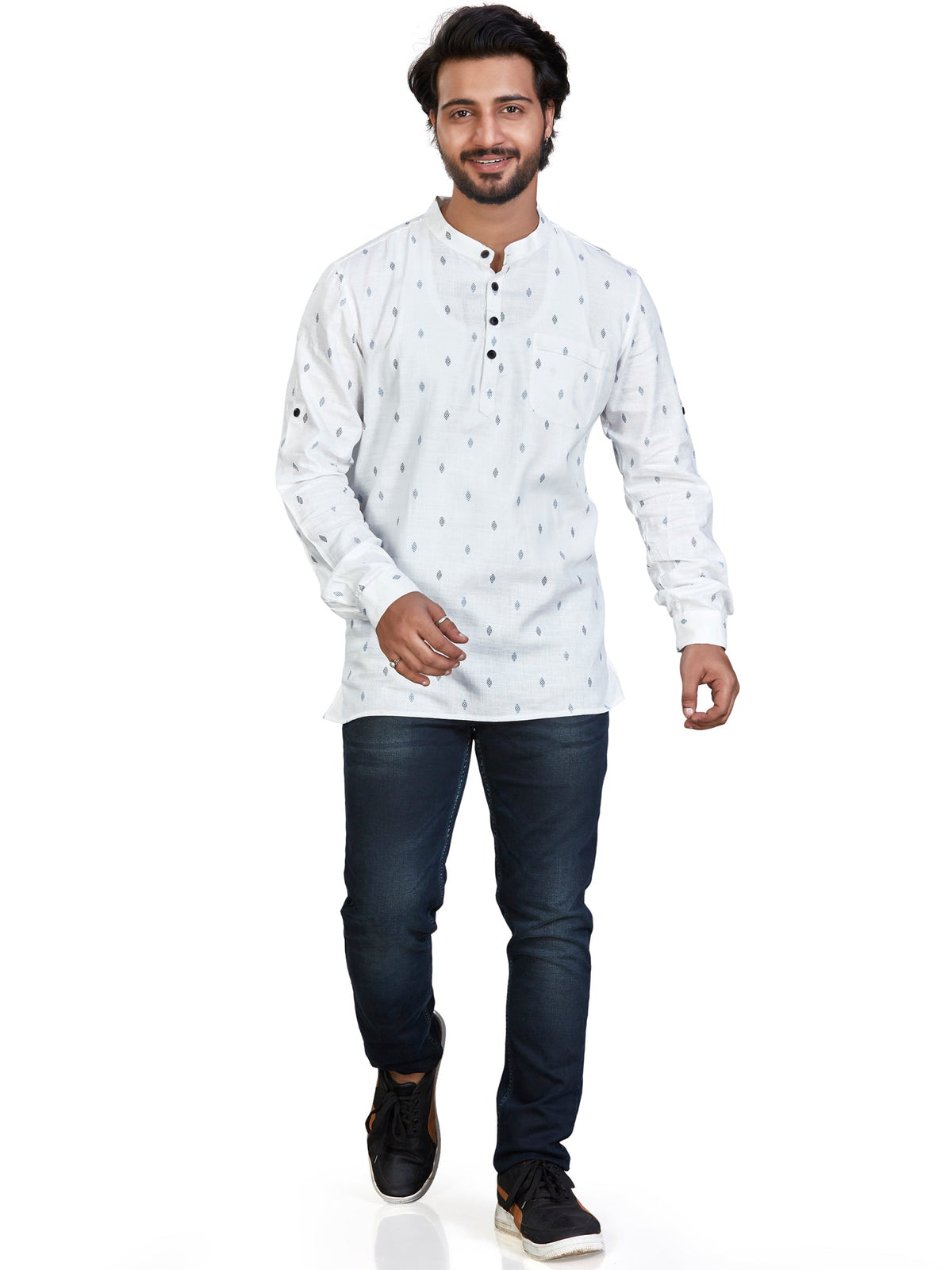 Cotton Short Kurta for Men - White | SKSRBUWBLU
