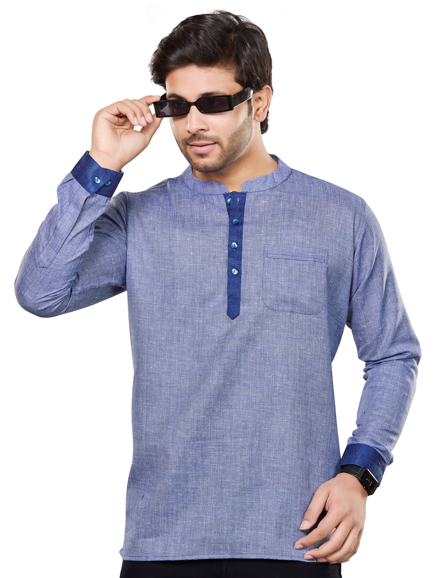 Cotton Short Kurta for Men - Blue | SKRECUFBLU | DesiQlo