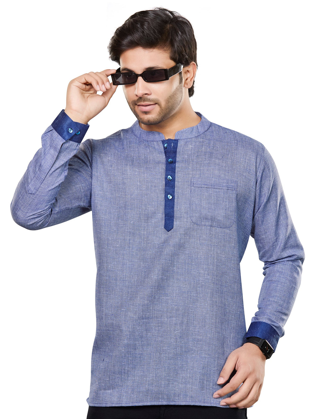 Cotton Short Kurta for Men - Blue | SKRECUFBLU