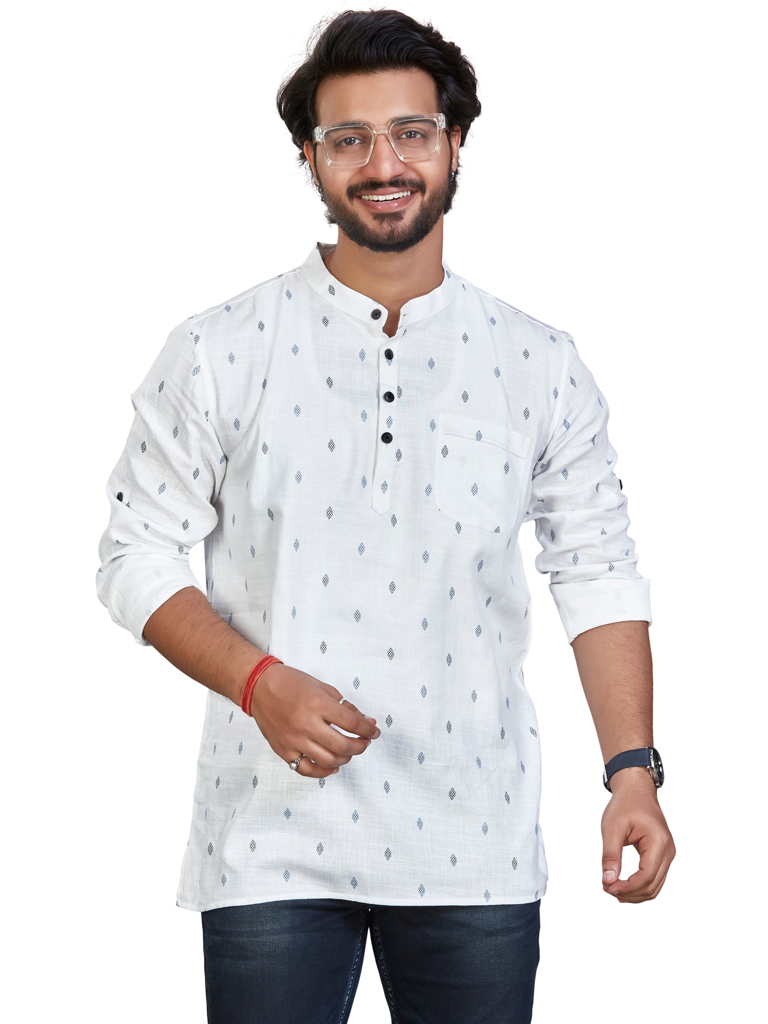 Cotton Short Kurta for Men - White | SKSRBUWBLU | DesiQlo
