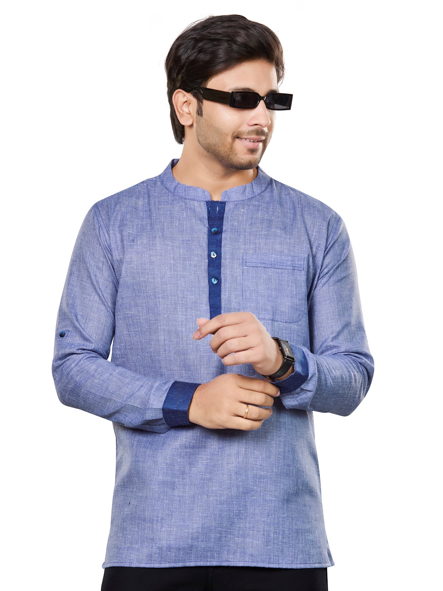 Cotton Short Kurta for Men - Blue | SKRECUFBLU | DesiQlo