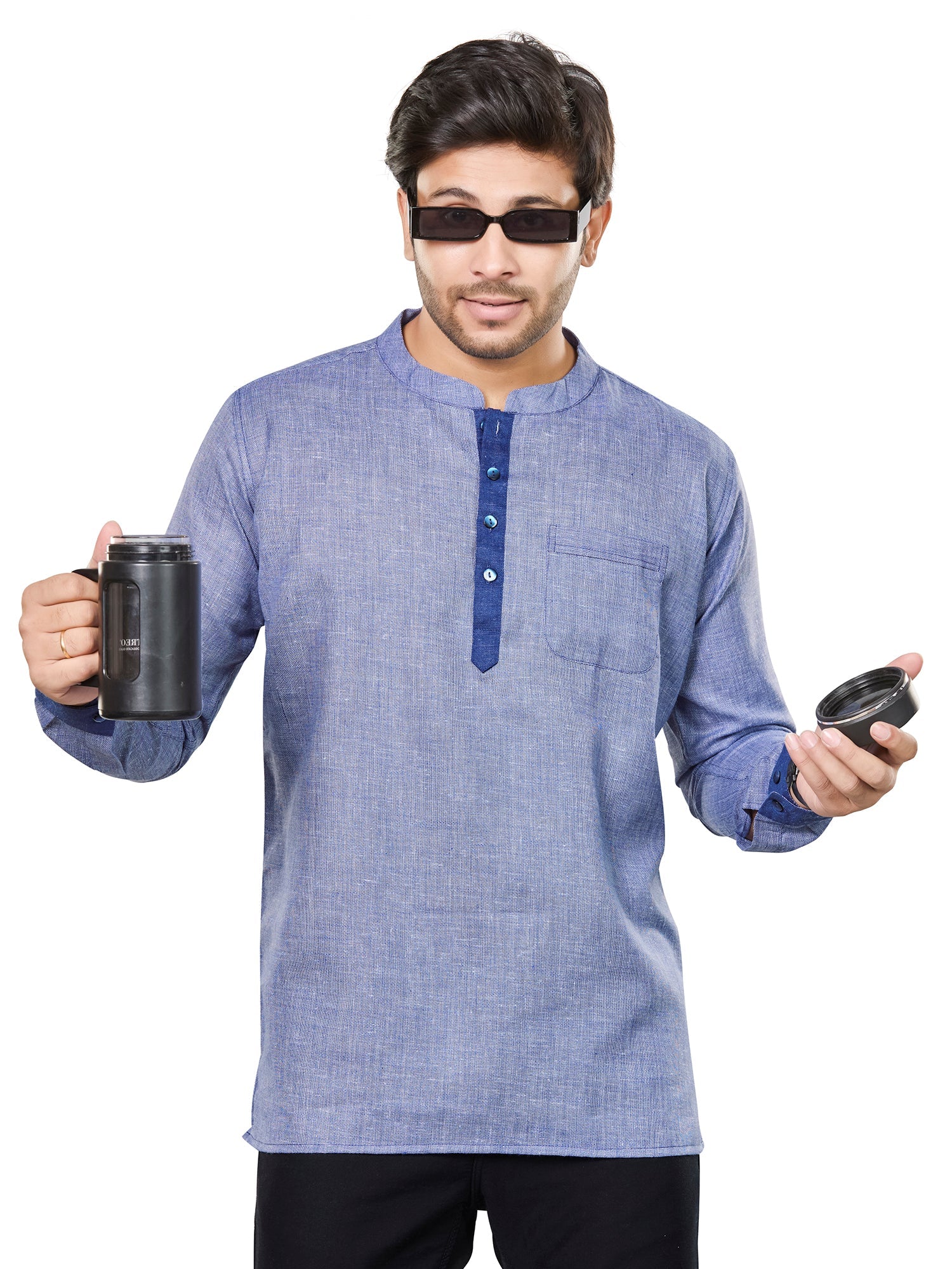 Cotton Short Kurta for Men - Blue | SKRECUFBLU | DesiQlo