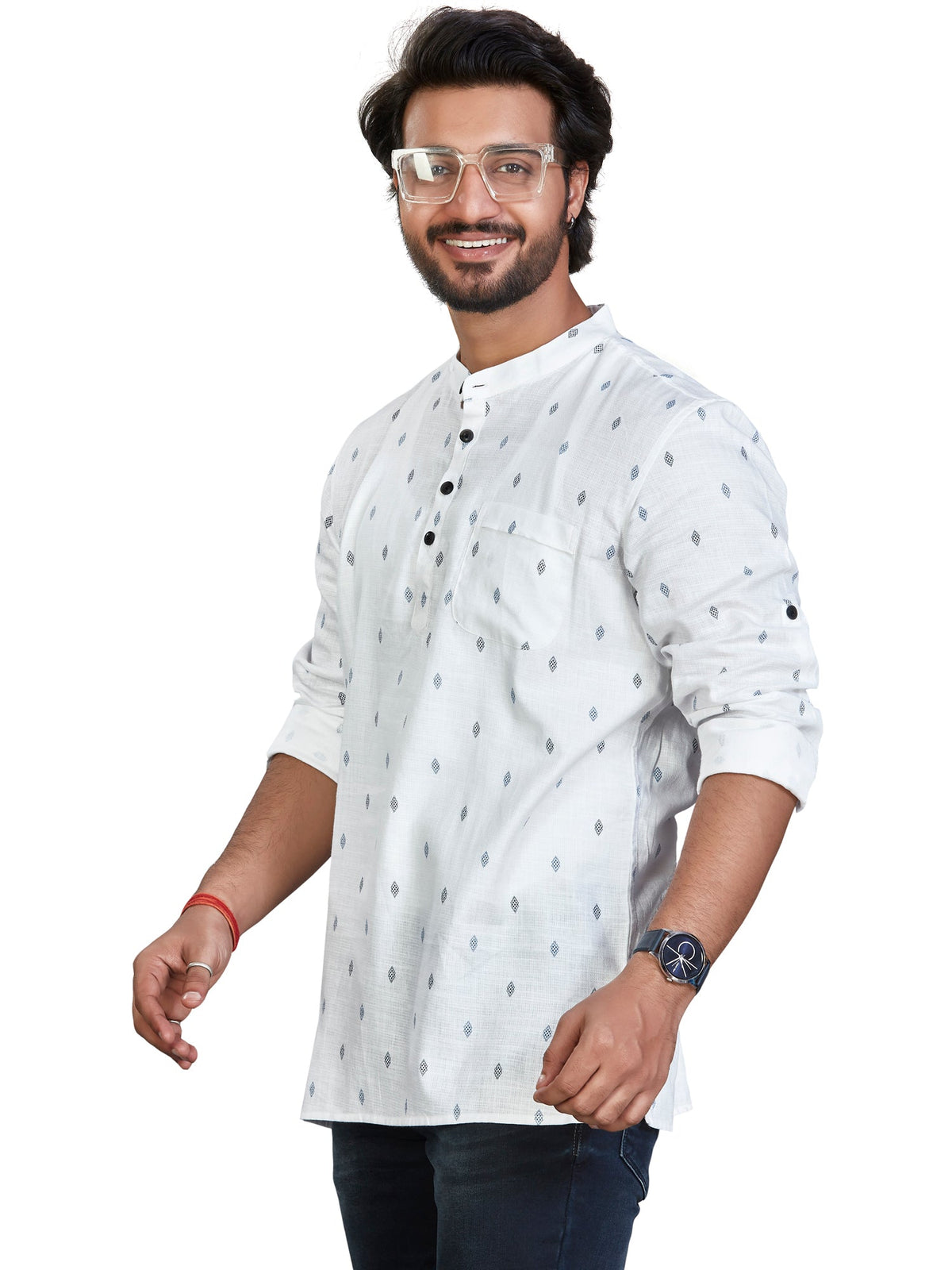 Cotton Short Kurta for Men - White | SKSRBUWBLU