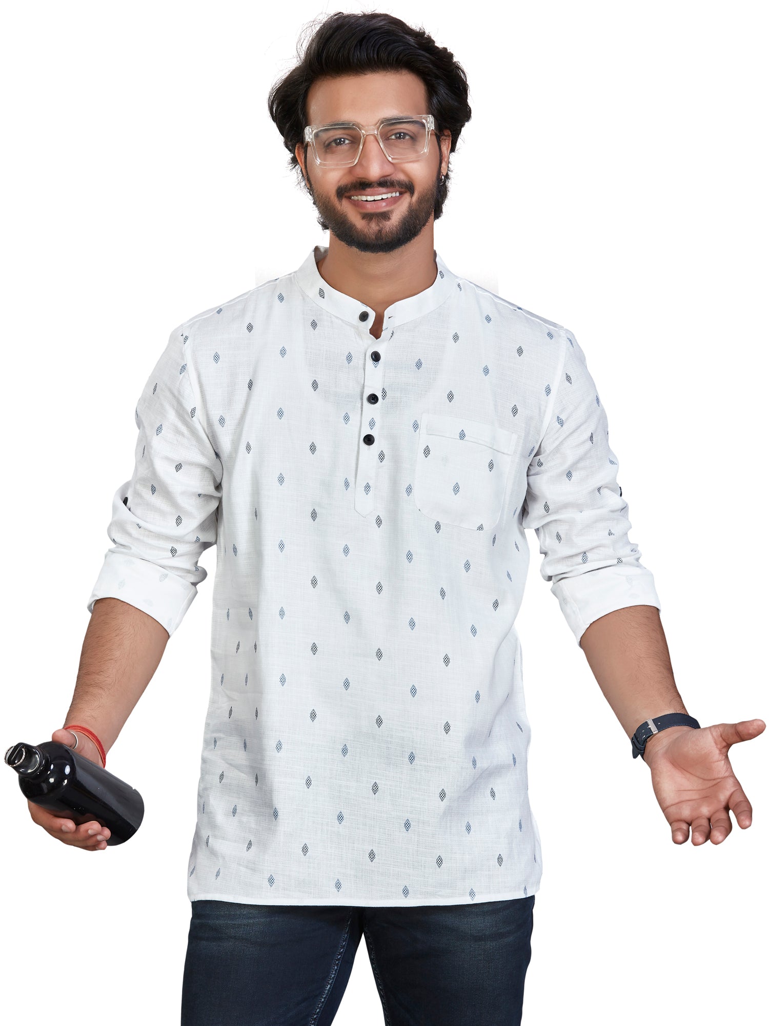 Cotton Short Kurta for Men - White | SKSRBUWBLU | DesiQlo