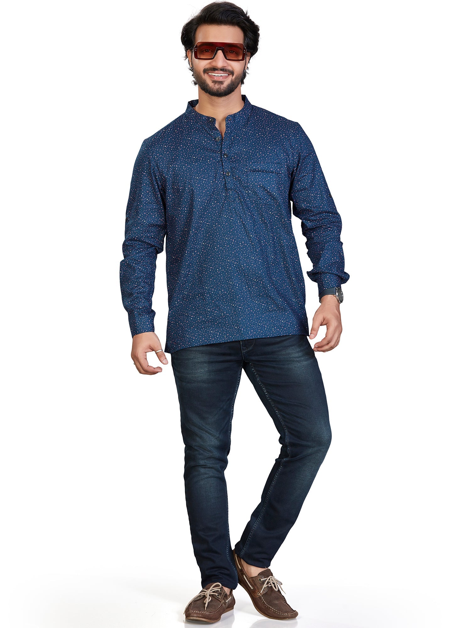 Cotton Short Kurta for Men - Navy Blue | SKAVPRNAV3 | DesiQlo