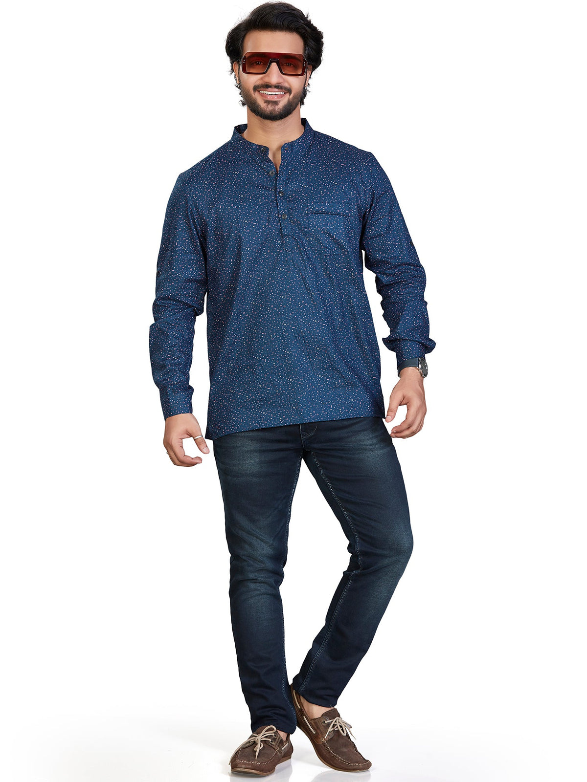 Cotton Short Kurta for Men - Navy Blue | SKAVPRNAV3