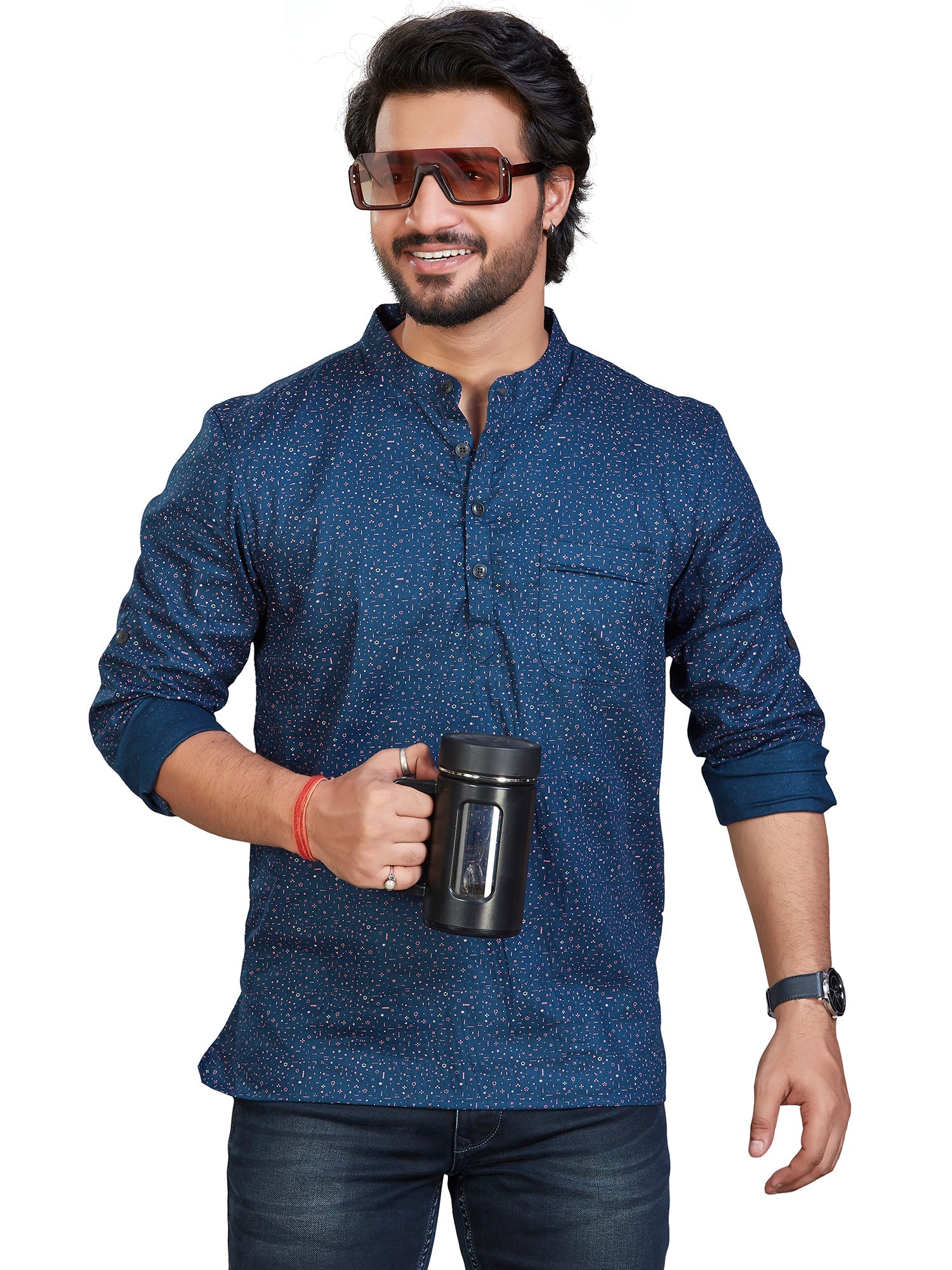 Cotton Short Kurta for Men - Navy Blue | SKAVPRNAV3 | DesiQlo