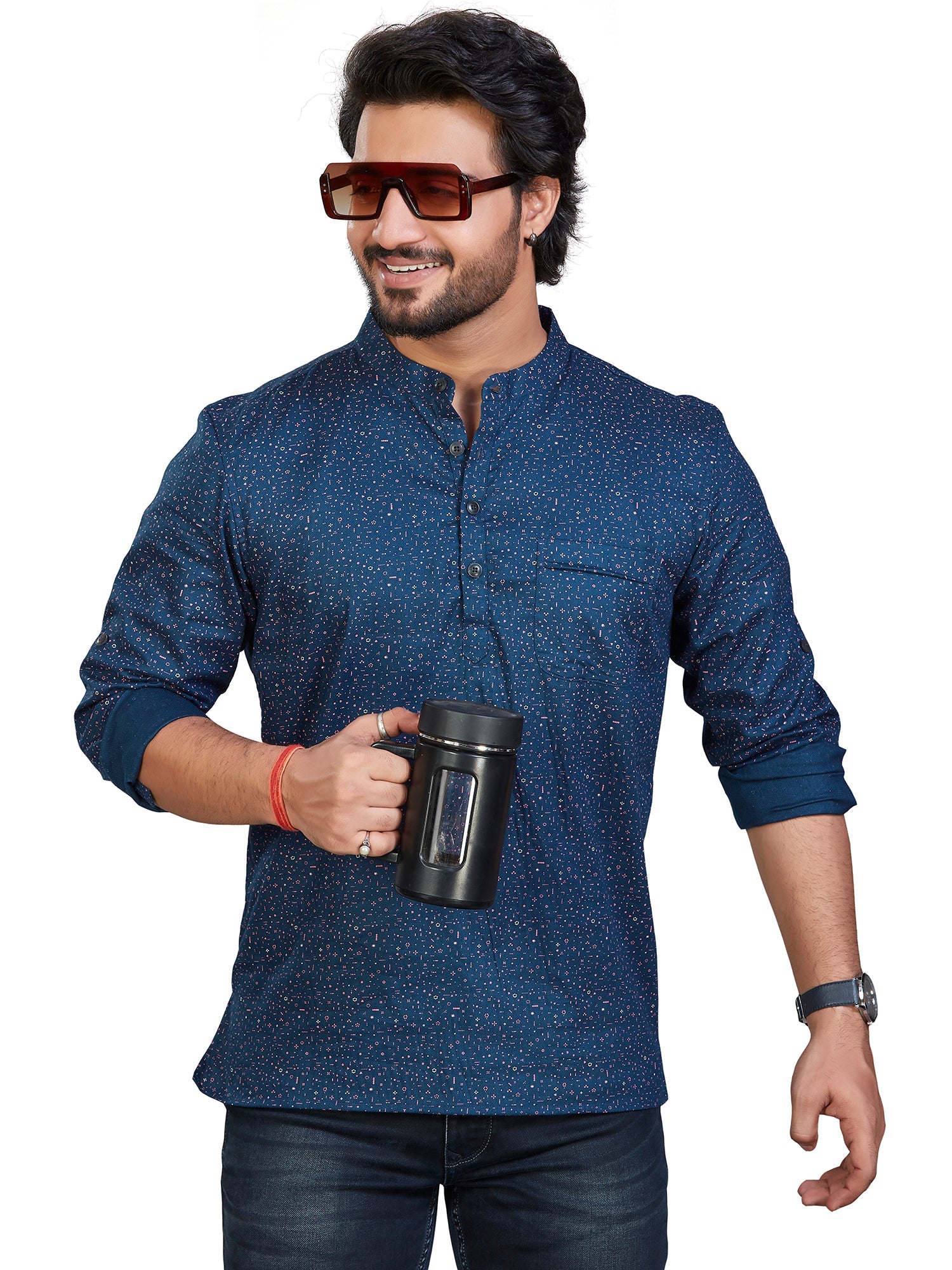 Cotton Short Kurta for Men - Navy Blue | SKAVPRNAV3 | DesiQlo