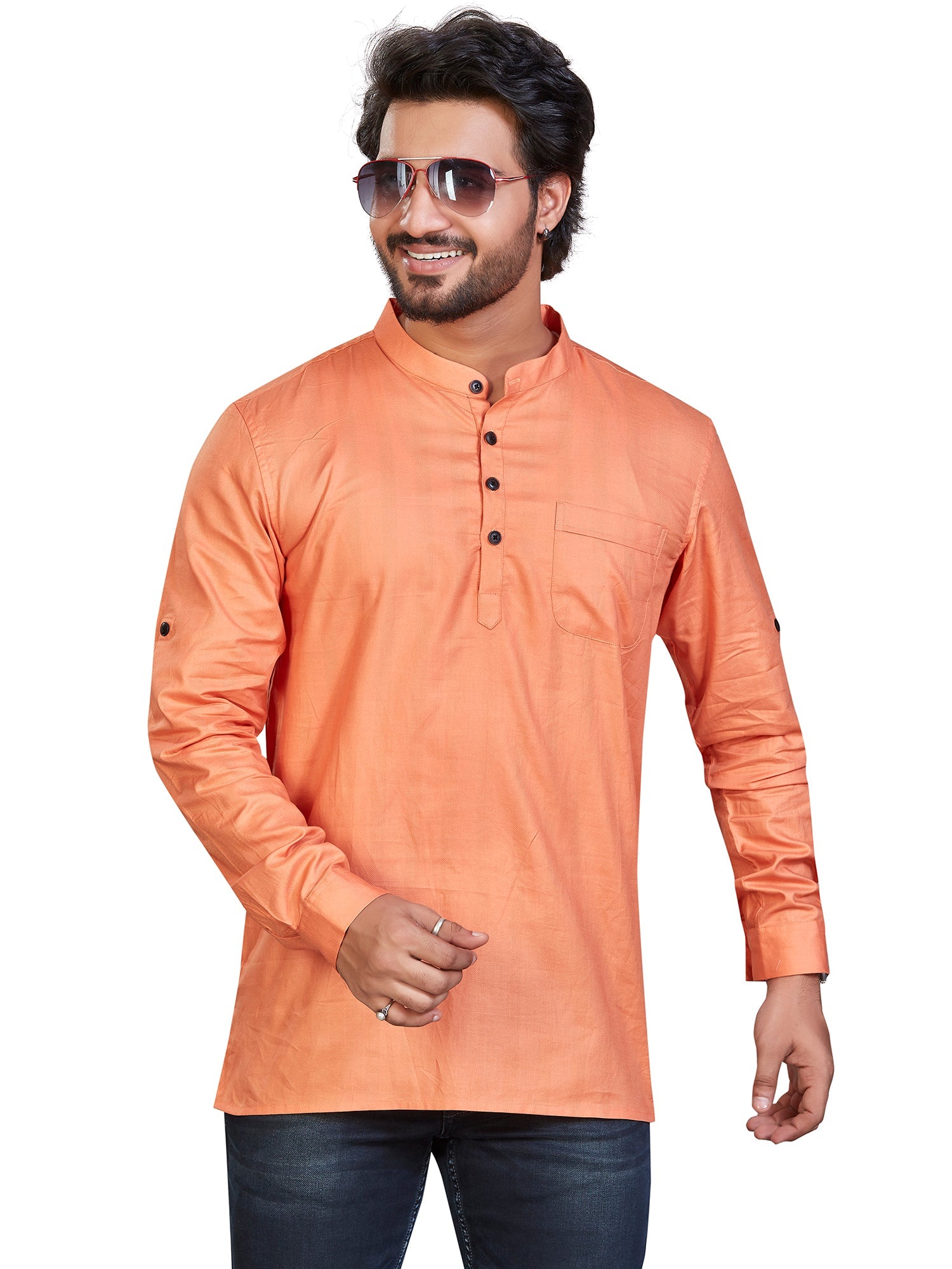 Cotton Short Kurta for Men - Orange | SKSRSSPCH3 | DesiQlo