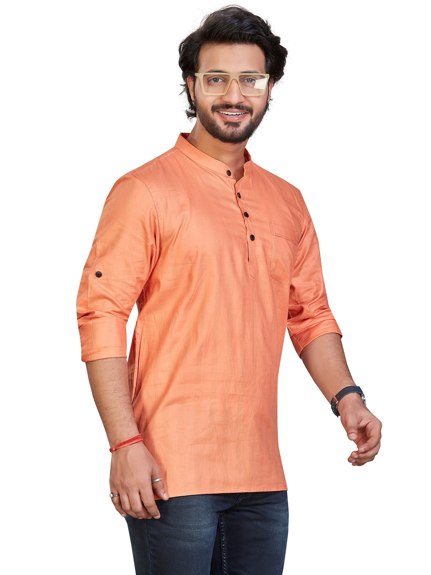 Cotton Short Kurta for Men - Orange | SKSRSSPCH3 | DesiQlo