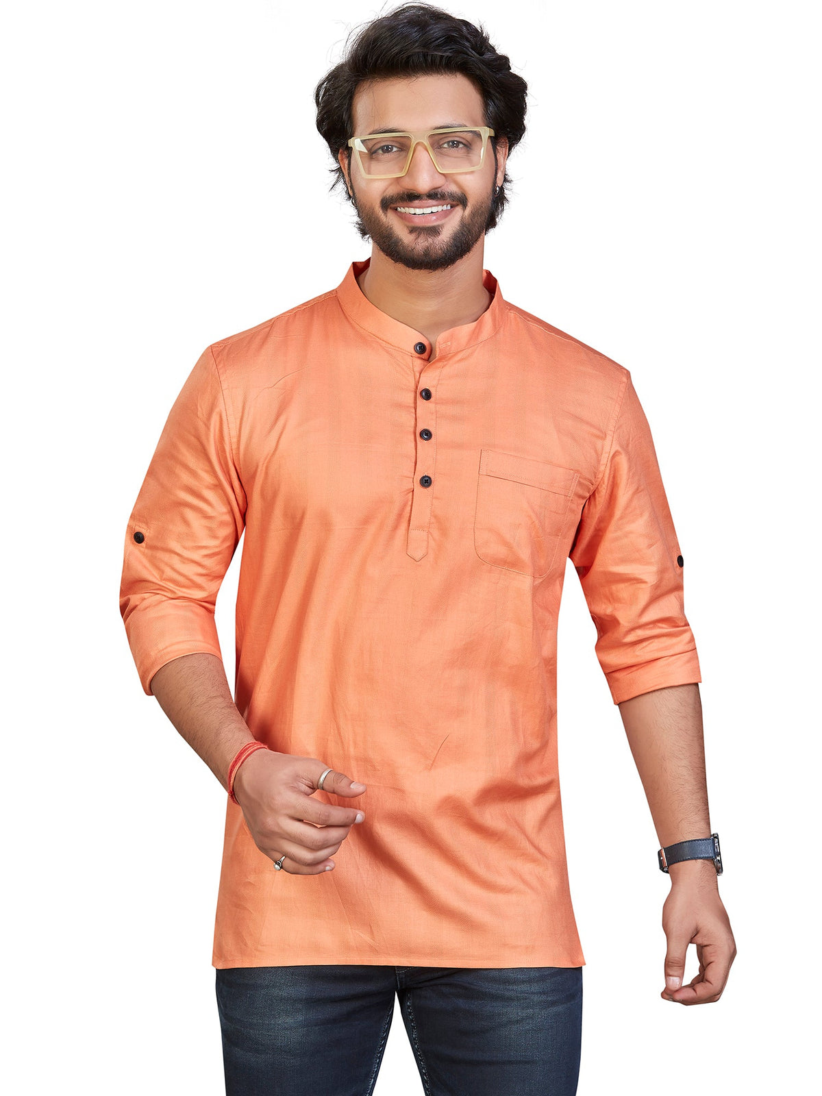 Cotton Short Kurta for Men - Orange | SKSRSSPCH3
