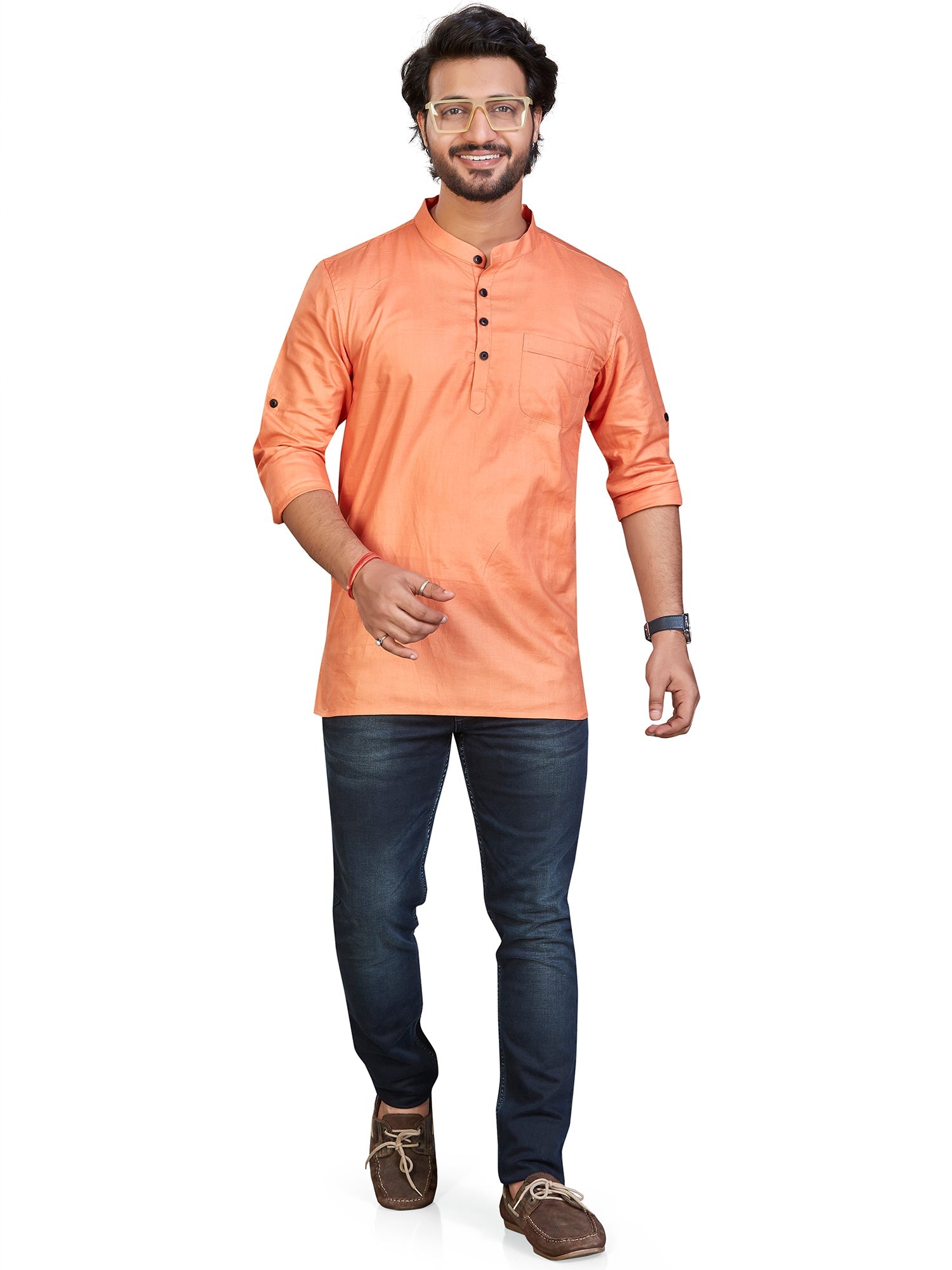 Cotton Short Kurta for Men - Orange | SKSRSSPCH3 | DesiQlo