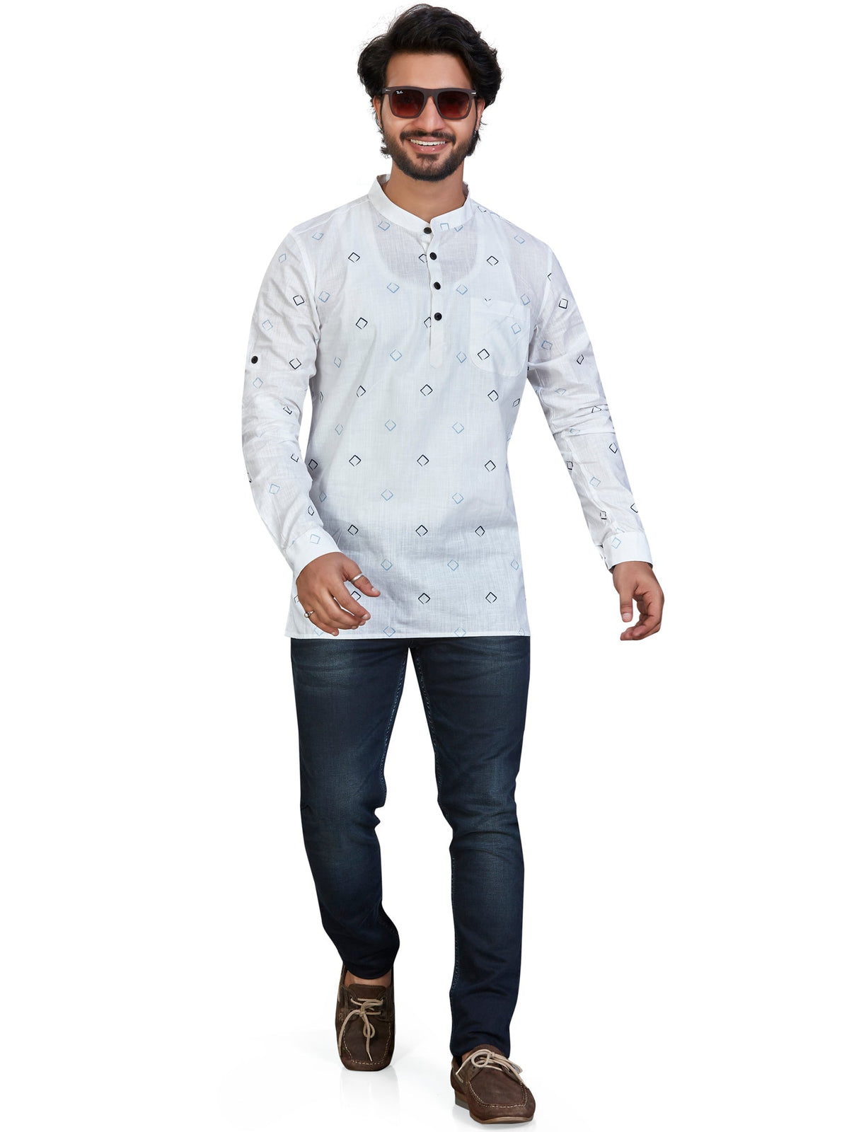 Cotton Short Kurta for Men - White | SKSRSQWBL3