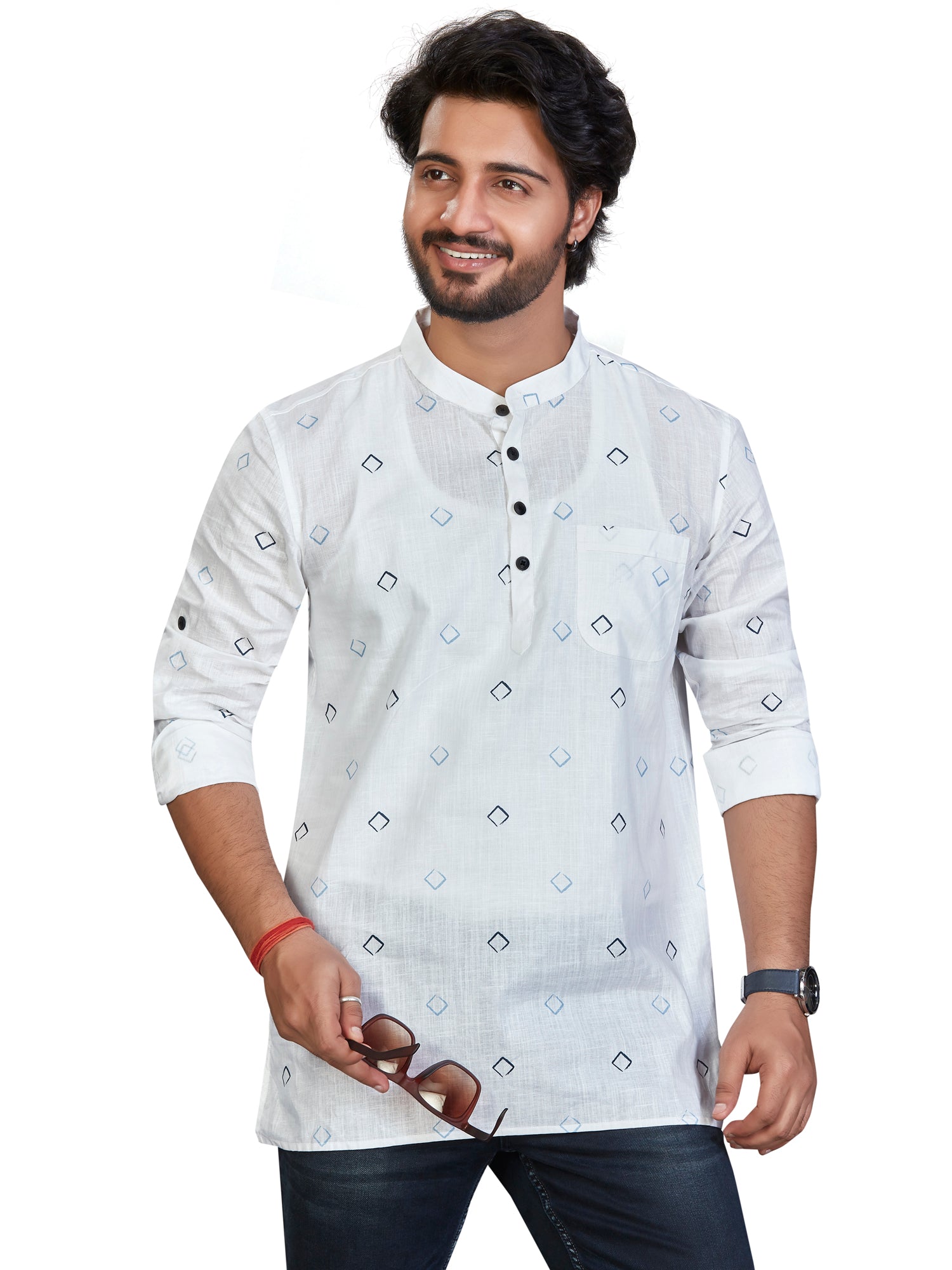 Cotton Short Kurta for Men - White | SKSRSQWBL3 | DesiQlo