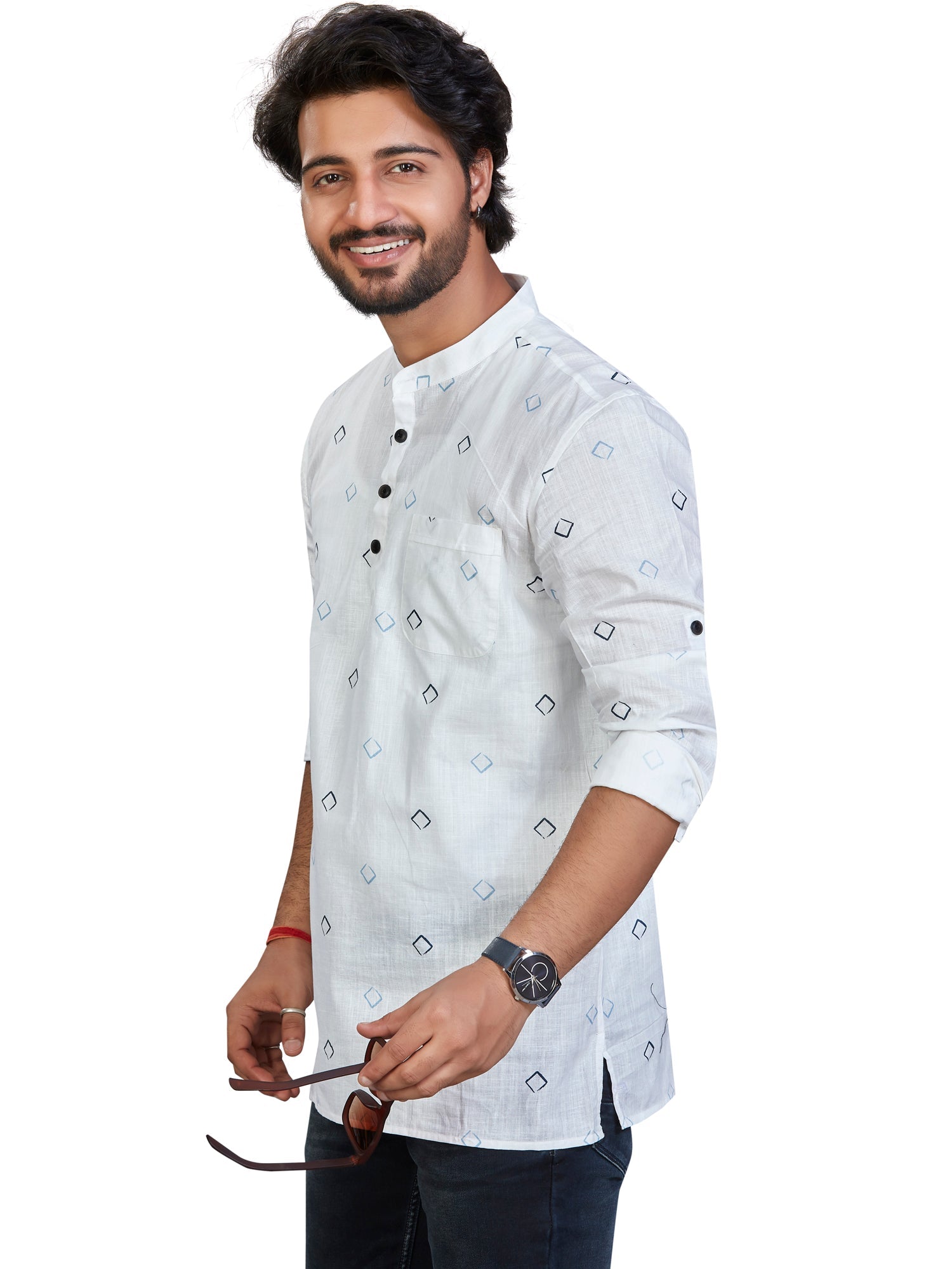 Cotton Short Kurta for Men - White | SKSRSQWBL3 | DesiQlo