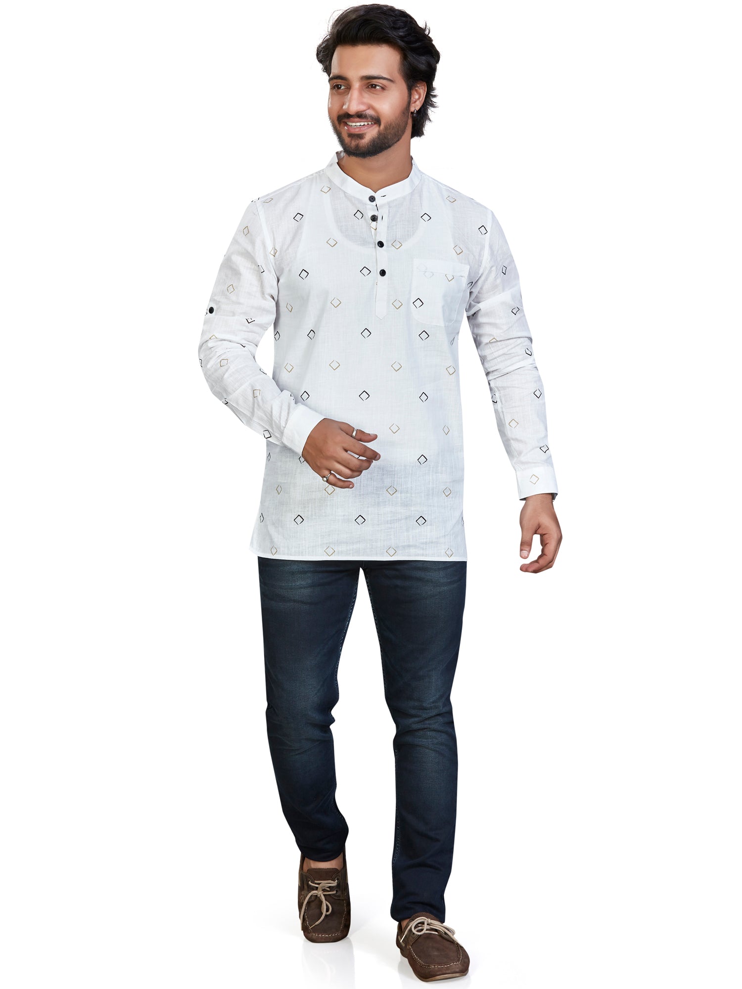 Cotton Short Kurta for Men - White | SKSRSQWGOL | DesiQlo