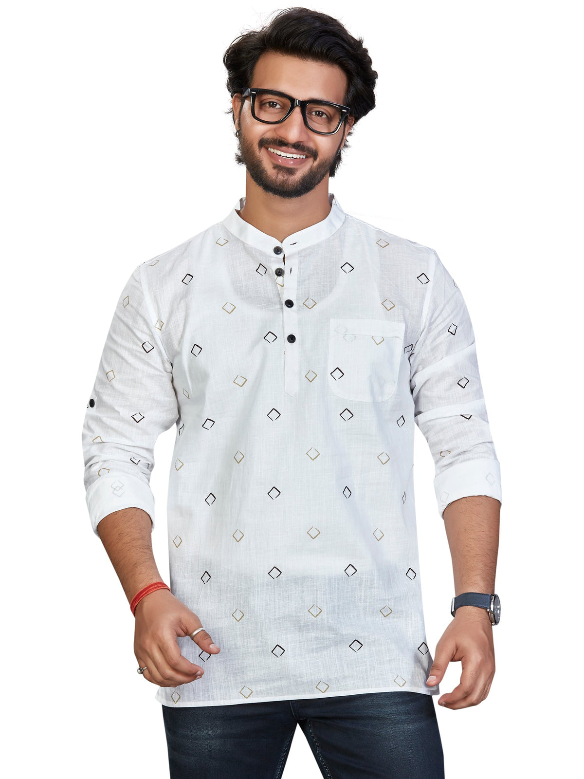 Cotton Short Kurta for Men - White | SKSRSQWGOL