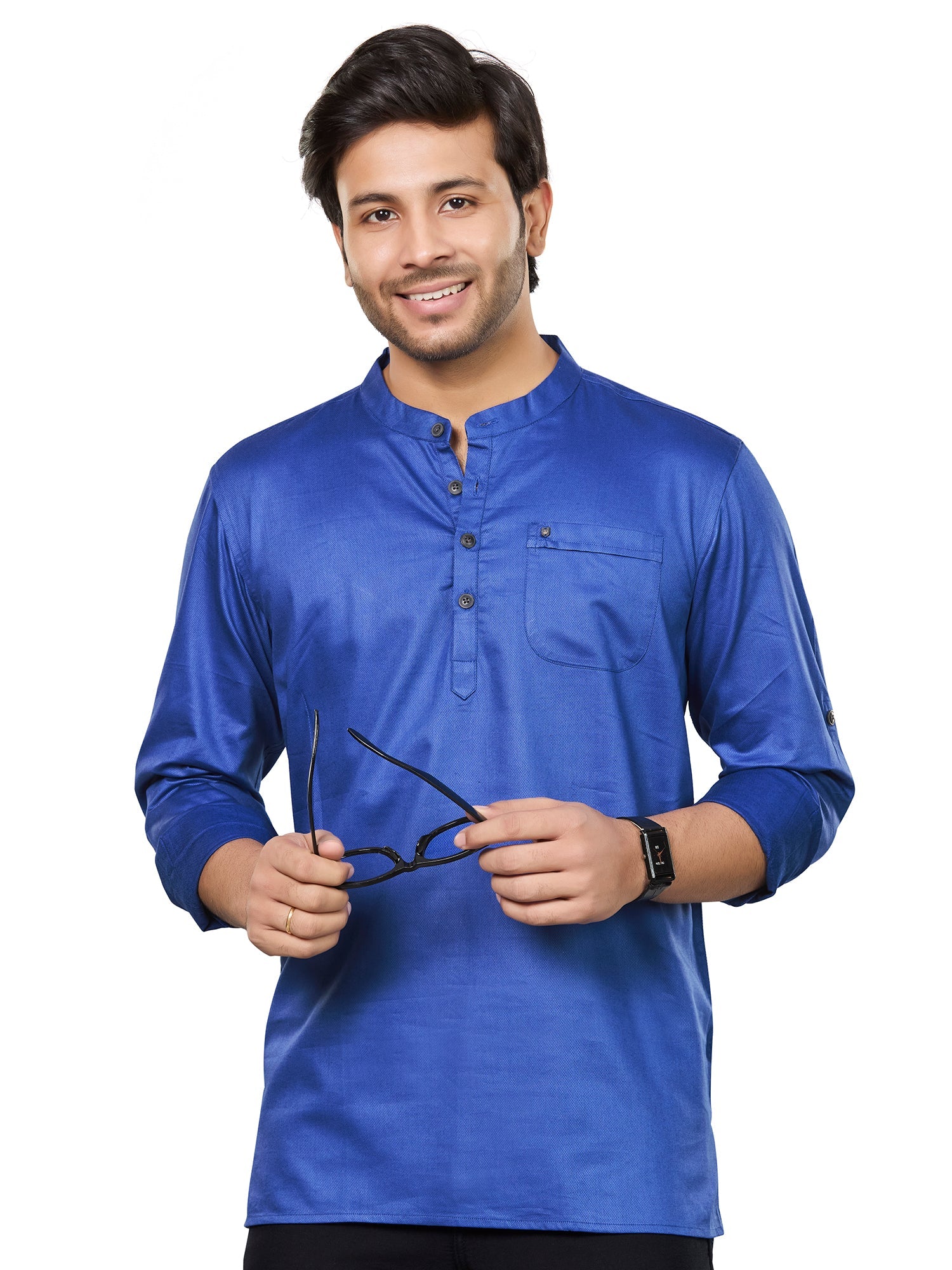 Cotton Short Kurta for Men - Blue | SKRECBBLU3 | DesiQlo