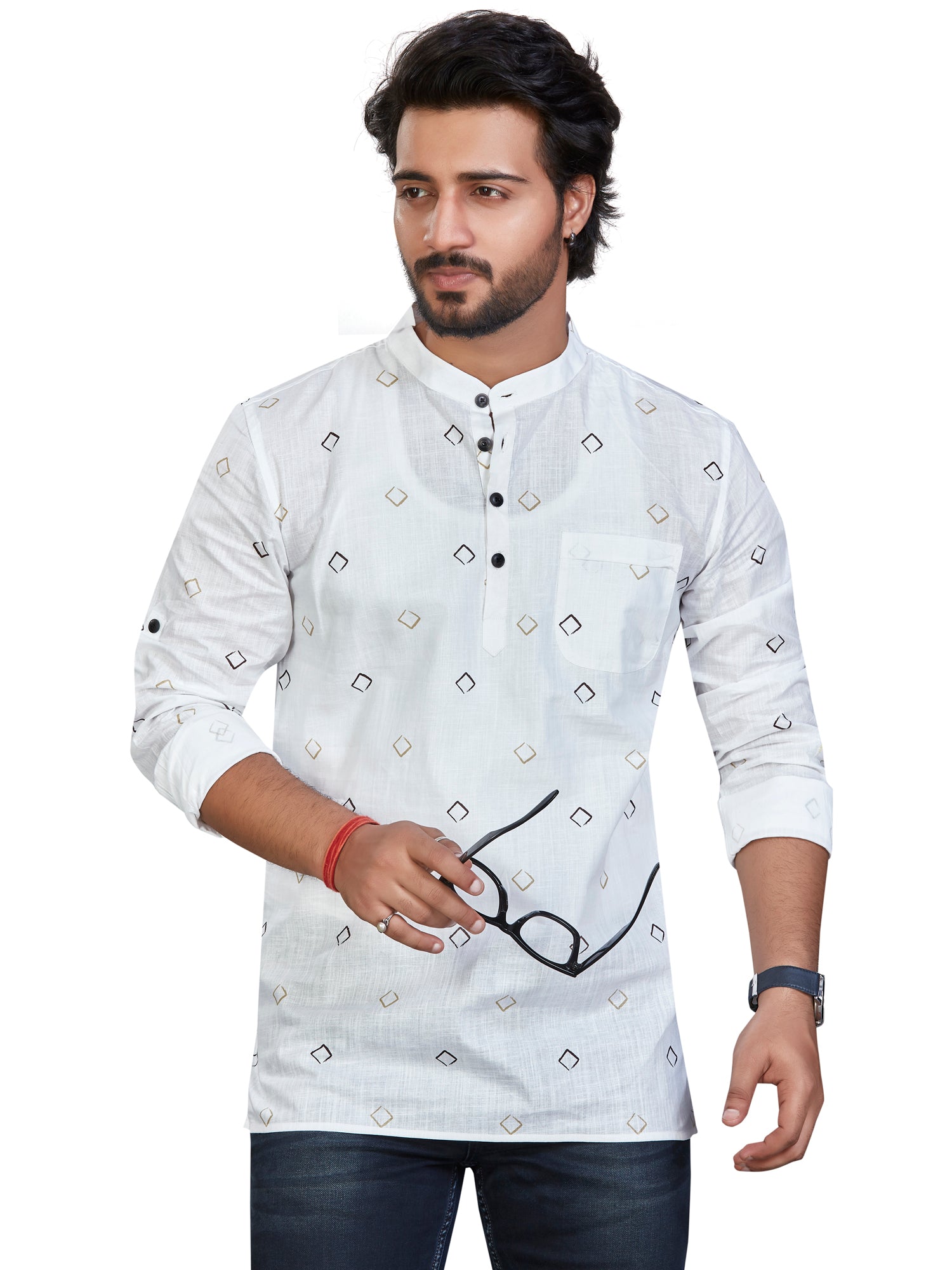 Cotton Short Kurta for Men - White | SKSRSQWGOL | DesiQlo