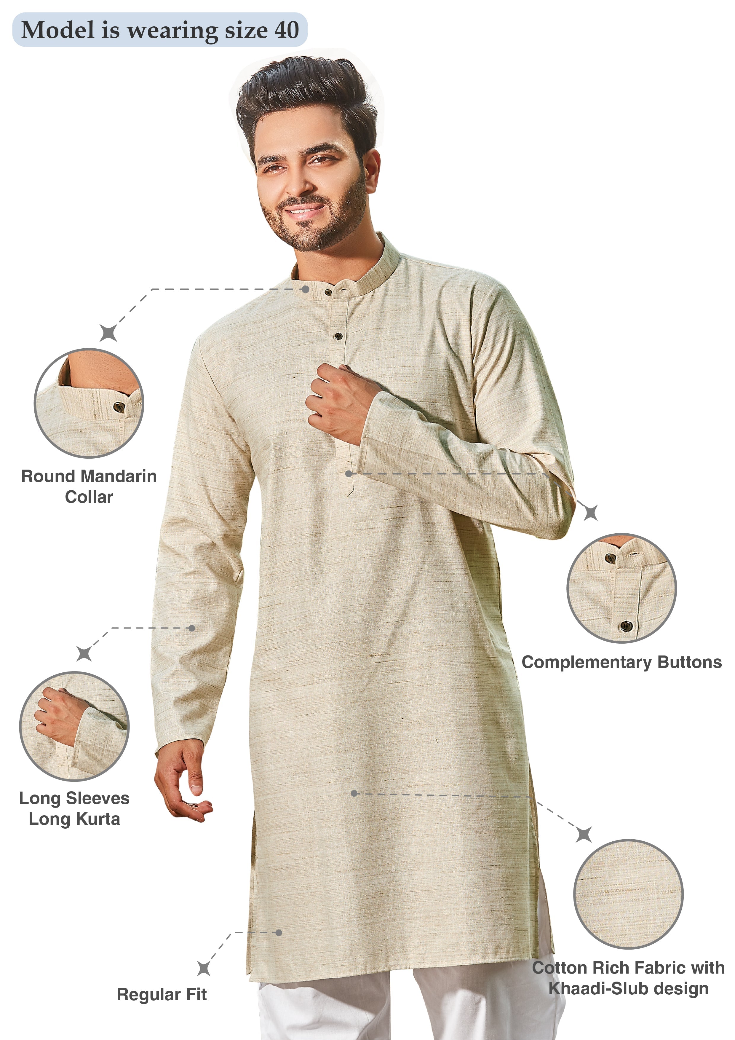 Cotton Kurta for Men - Beige | KPREKHBE38 | DesiQlo