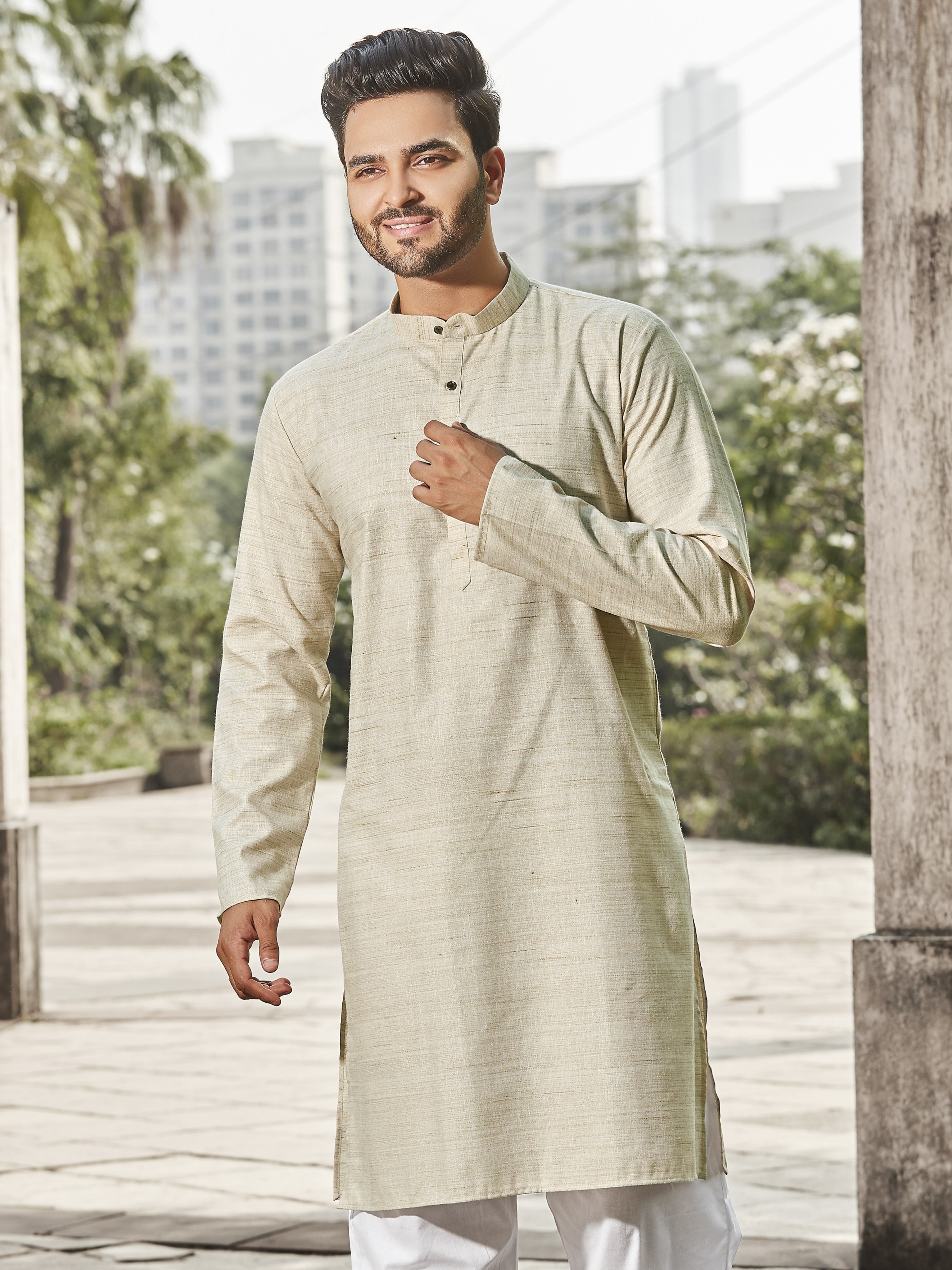 Cotton Kurta for Men - Beige | KPREKHBE38 | DesiQlo
