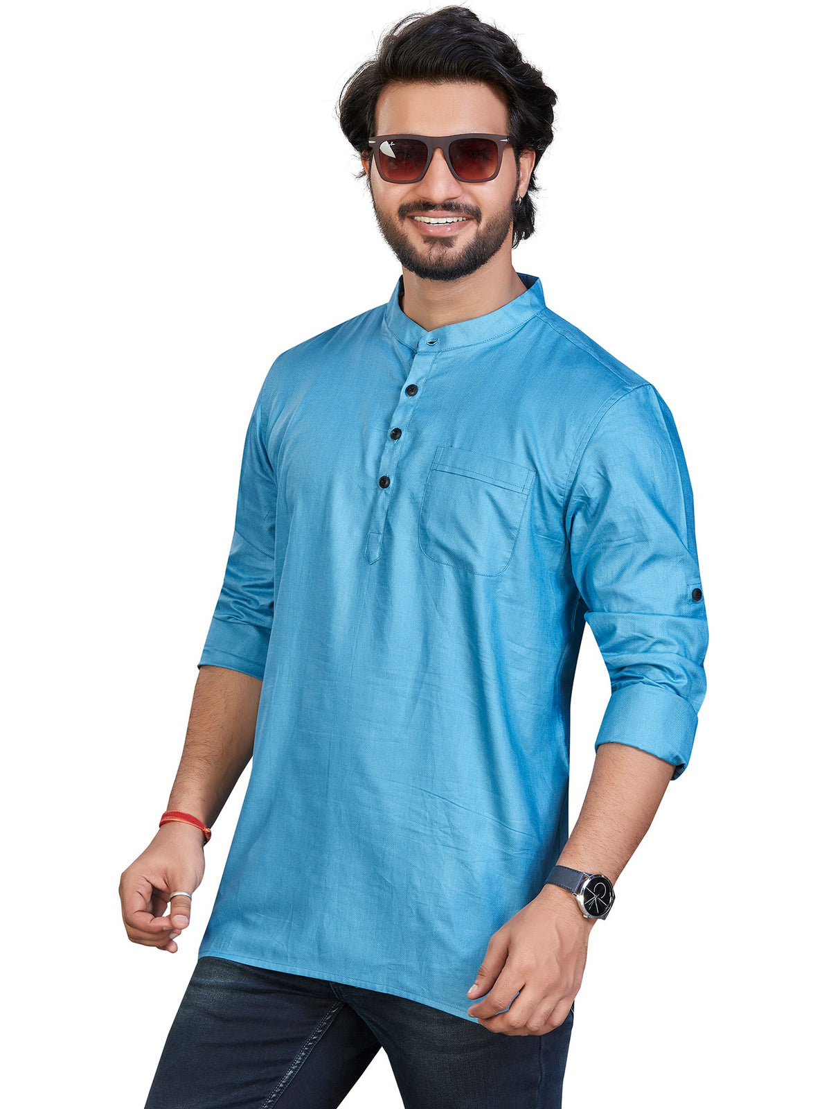 Cotton Short Kurta for Men - Blue | SKSRSSBLU3