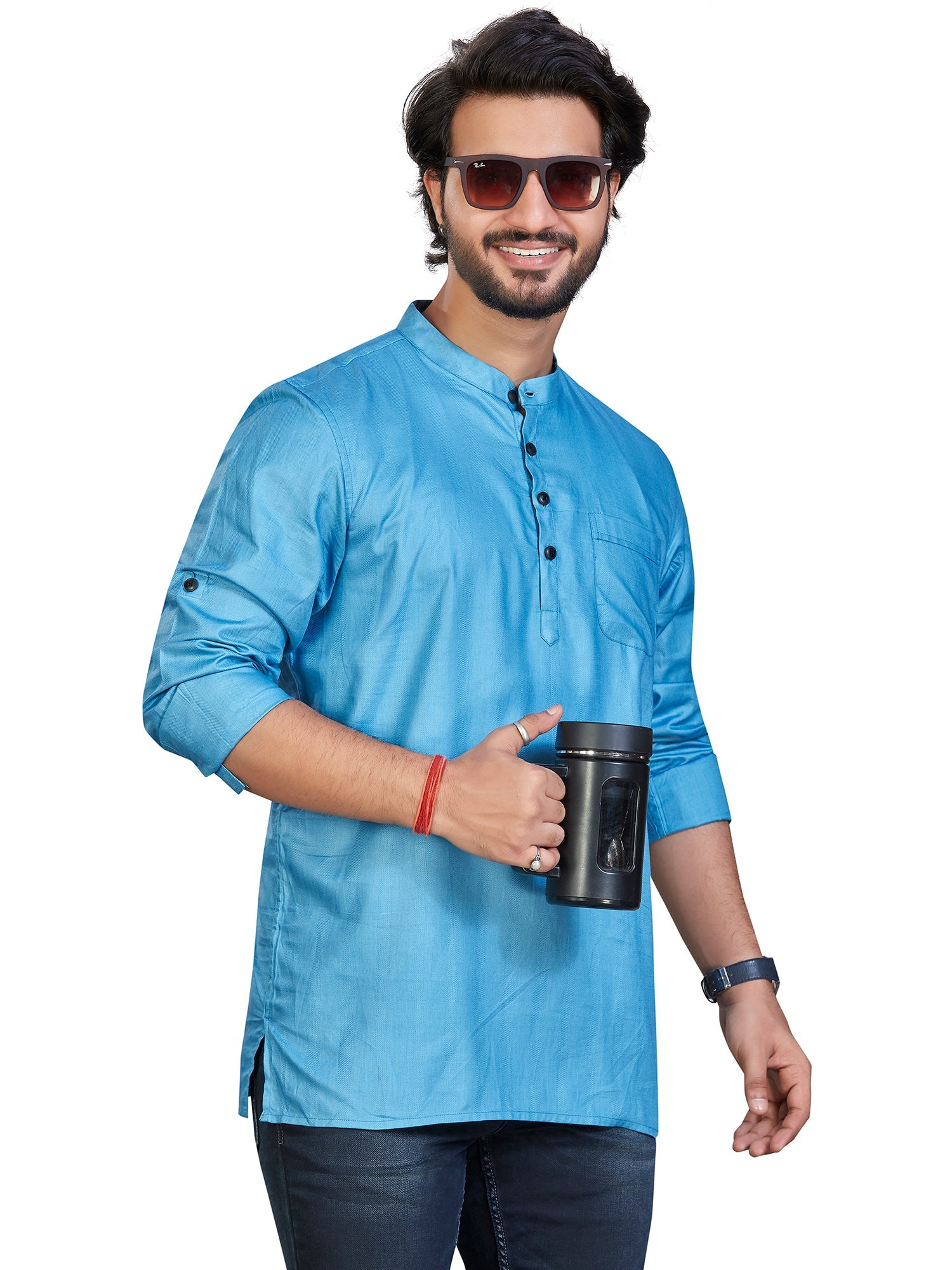 Cotton Short Kurta for Men - Blue | SKSRSSBLU3 | DesiQlo