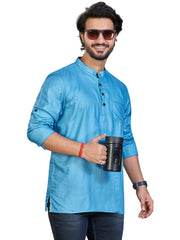 Cotton Short Kurta for Men - Blue | SKSRSSBLU3