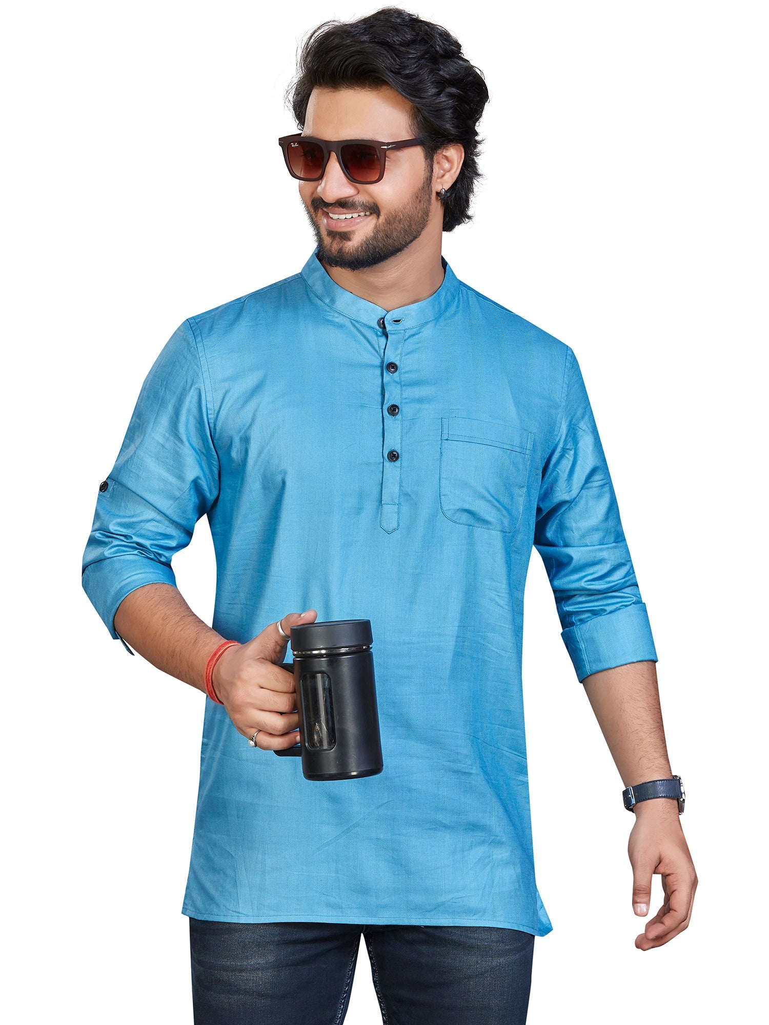 Cotton Short Kurta for Men - Blue | SKSRSSBLU3 | DesiQlo