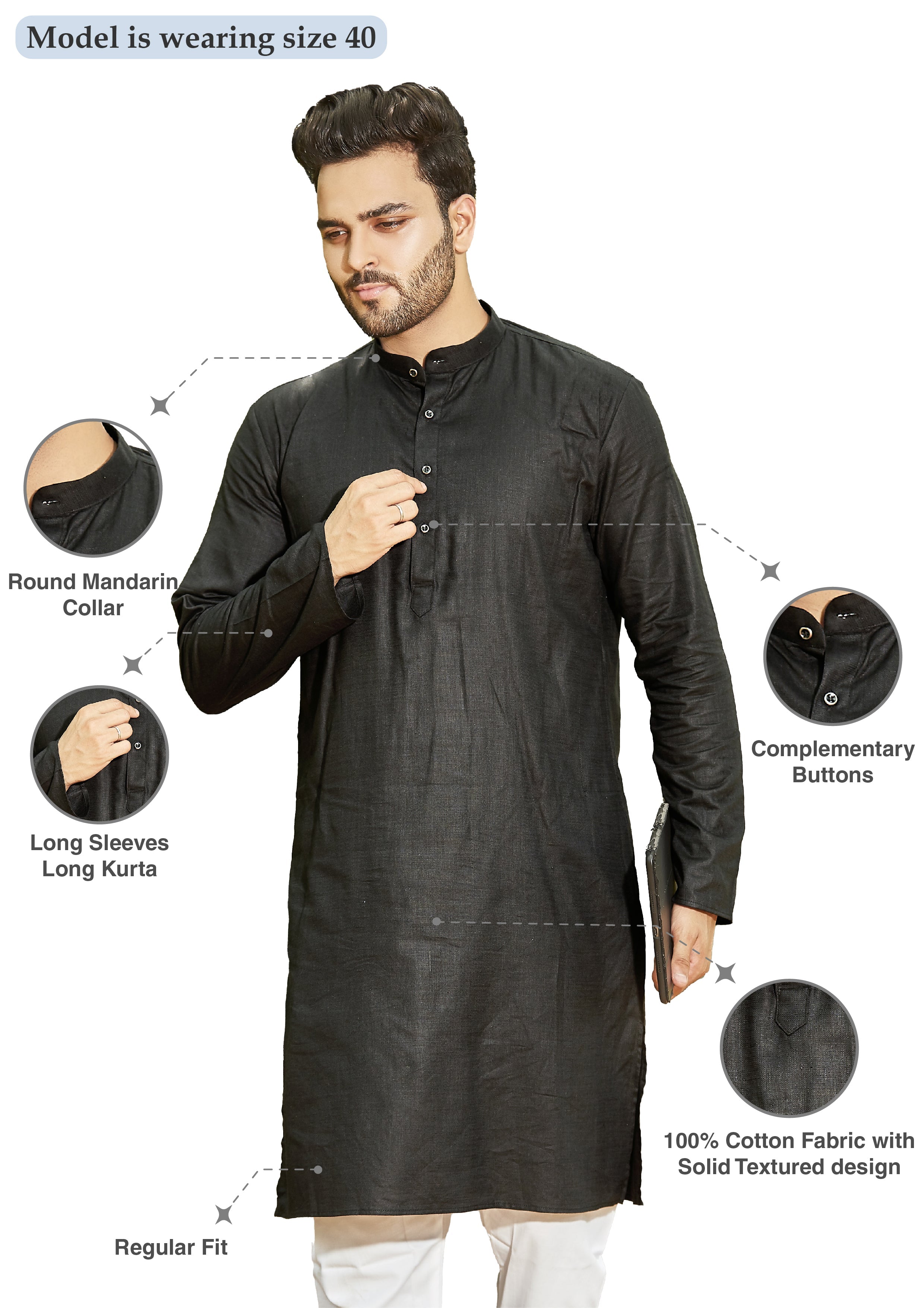 Cotton Kurta for Men - Black | KPSSHPBLK3 | DesiQlo
