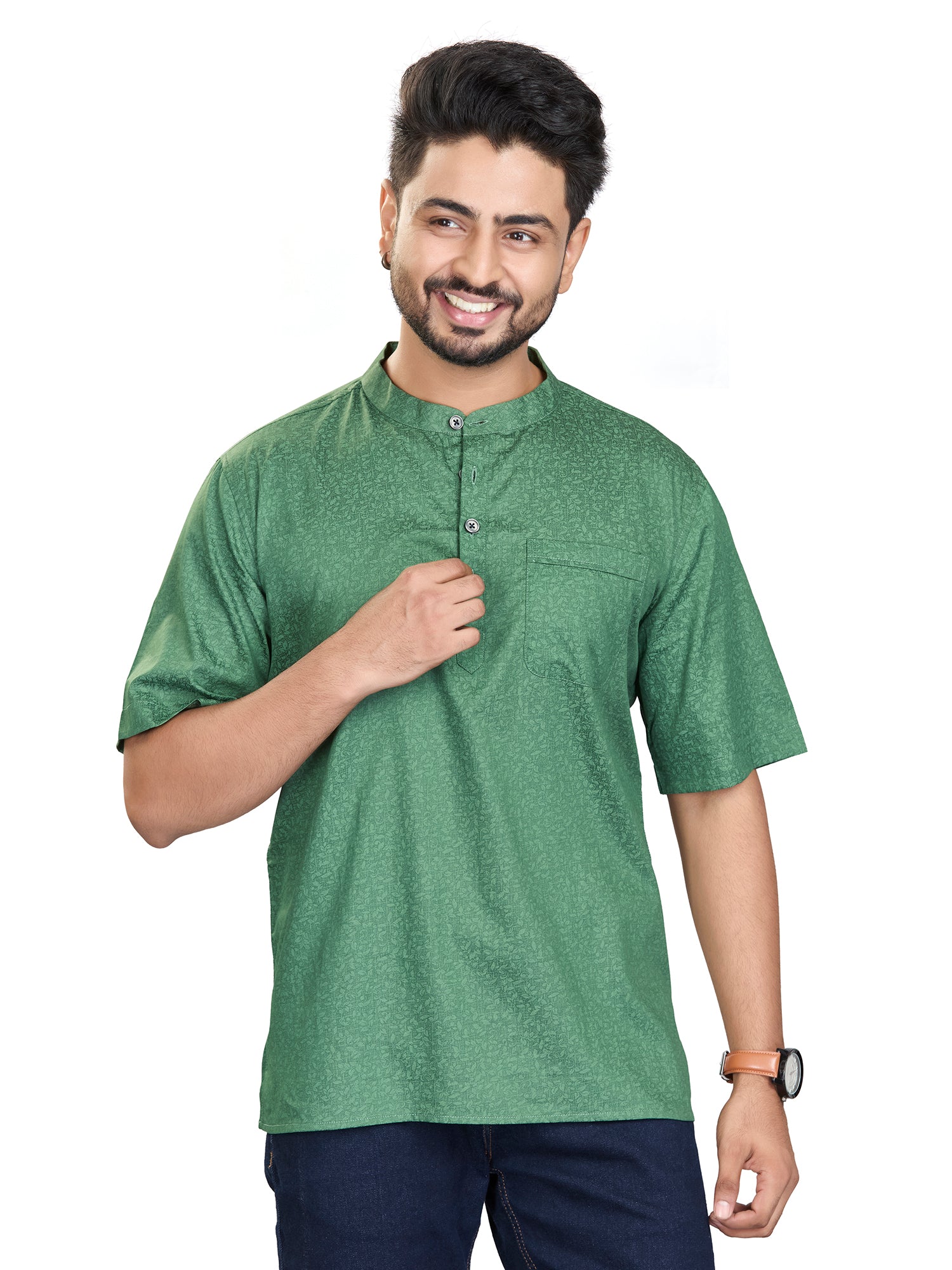 Bamboo Short Kurta Half Sleeves for Men - White | SHAVPRGRN3 | DesiQlo