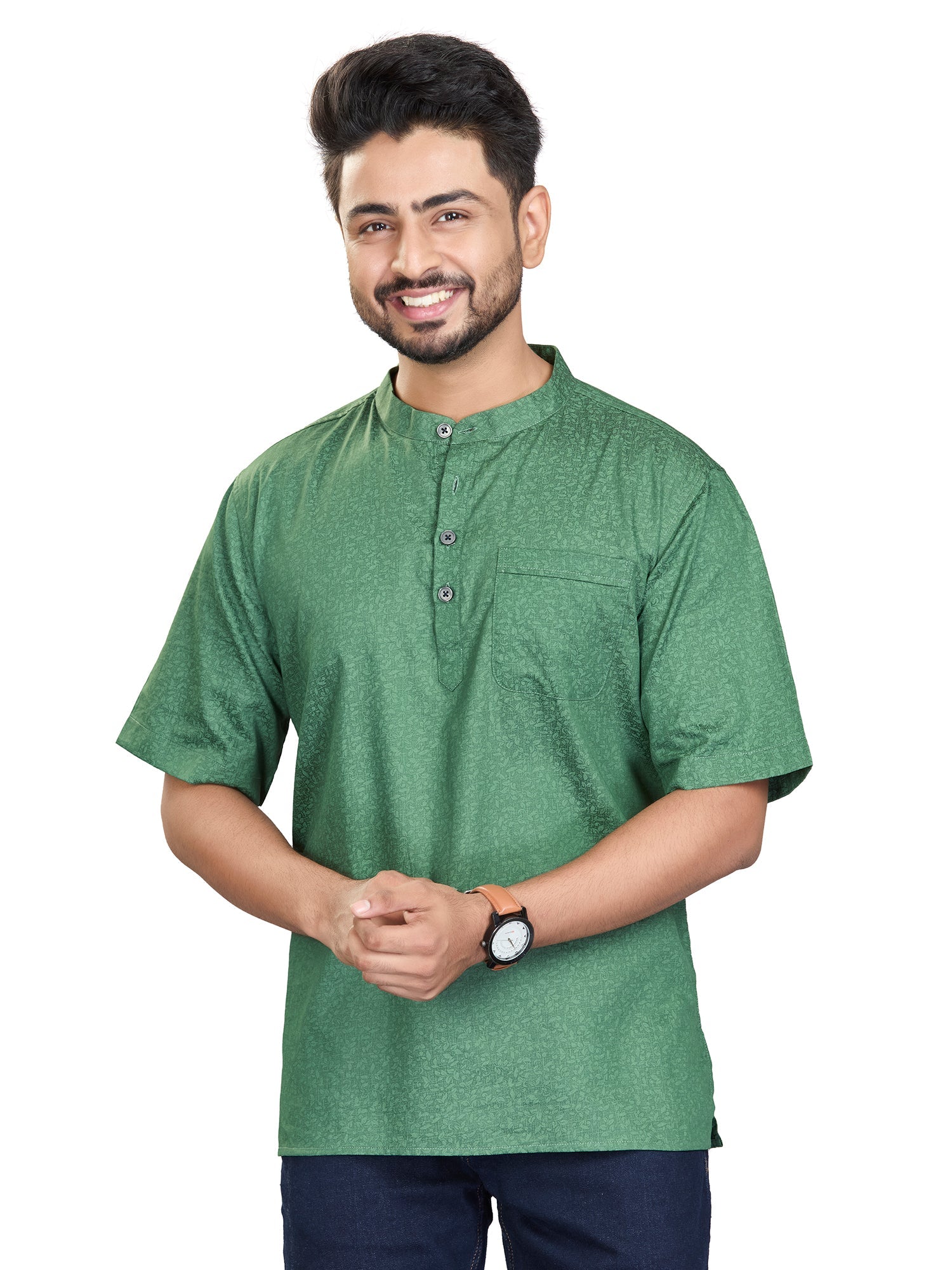Bamboo Short Kurta Half Sleeves for Men - White | SHAVPRGRN3 | DesiQlo