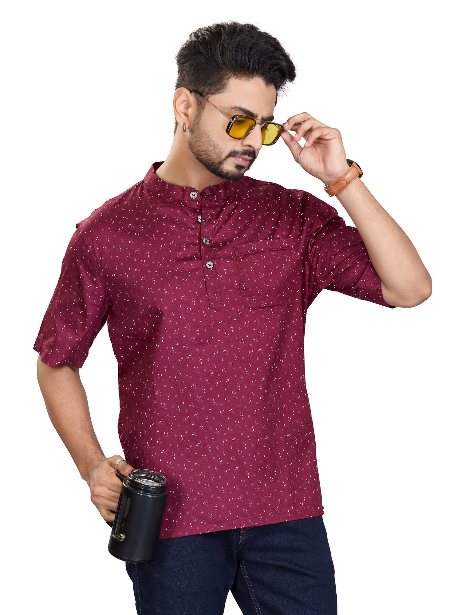 Bamboo Short Kurta Half Sleeves for Men - White | SHAVSPMAR3 | DesiQlo