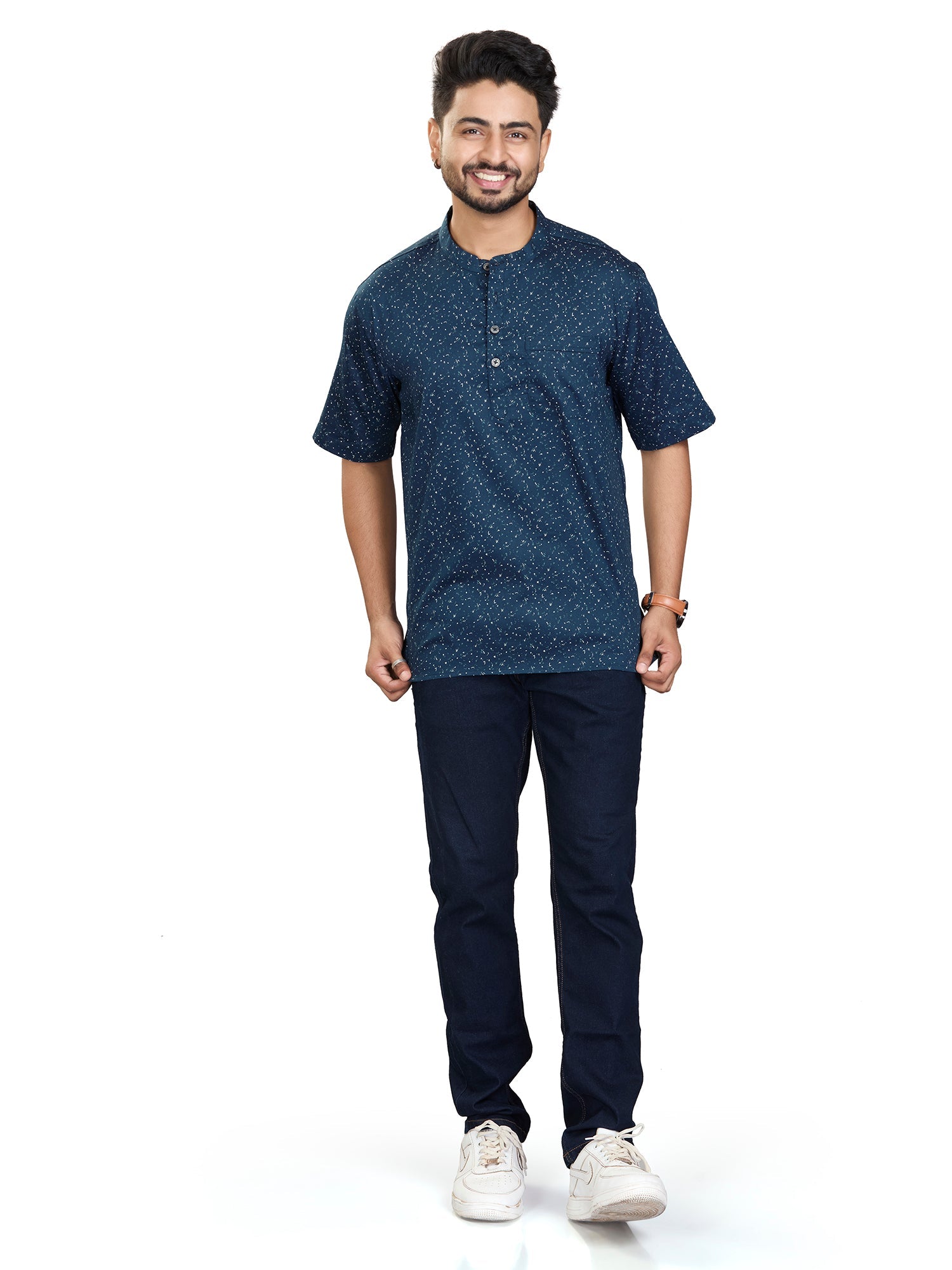 Satin Short Kurta Half Sleeves for Men - White | SHAVSPNAV3 | DesiQlo