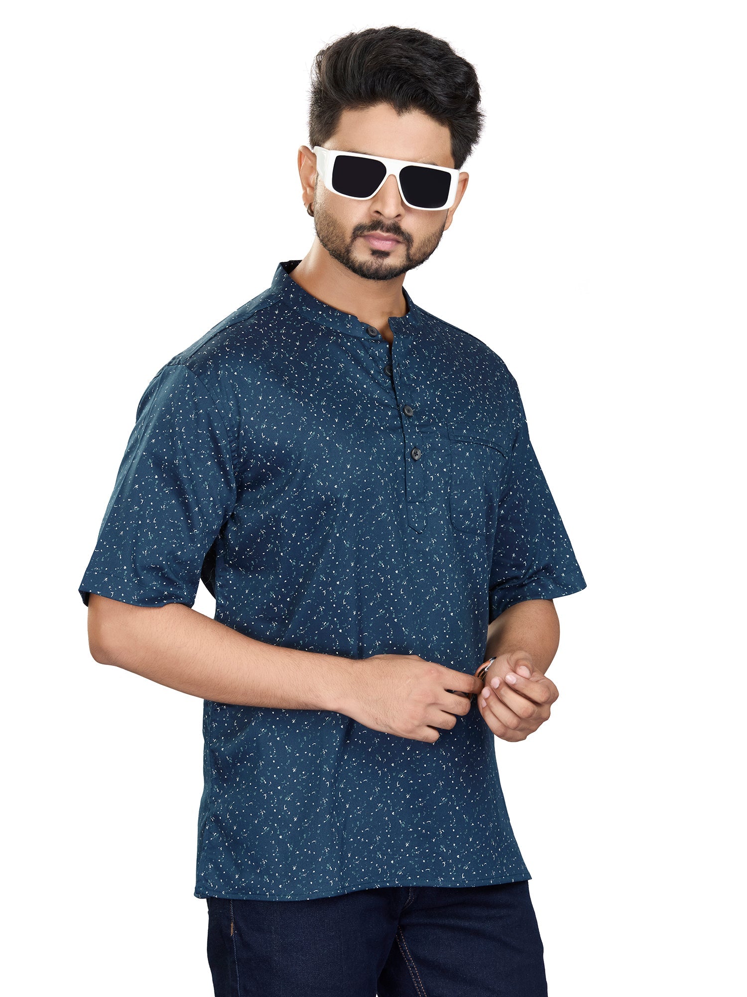 Satin Short Kurta Half Sleeves for Men - White | SHAVSPNAV3 | DesiQlo