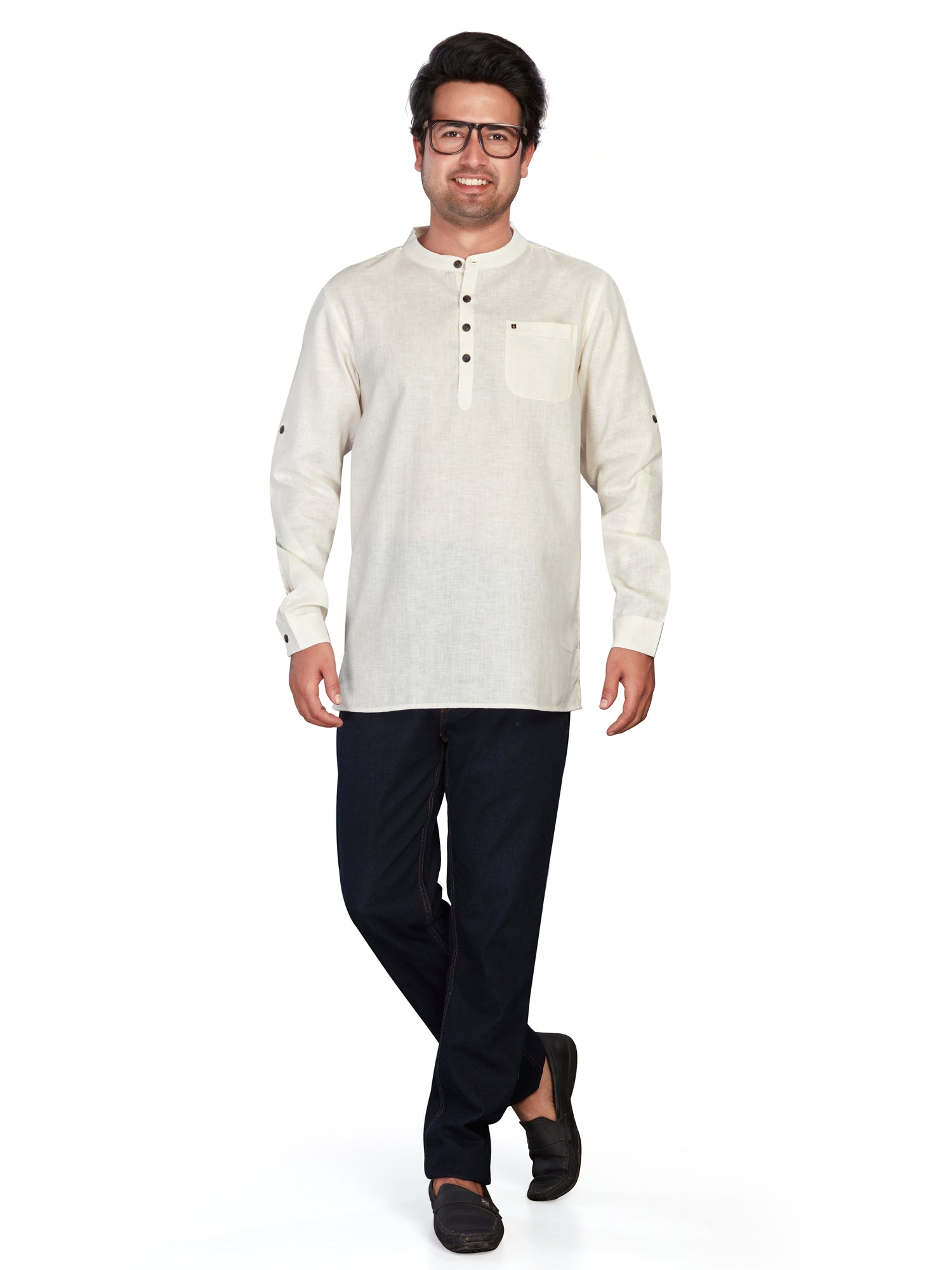 Linen Short Kurta for Men - Beige | SKSRLNCR38 | DesiQlo