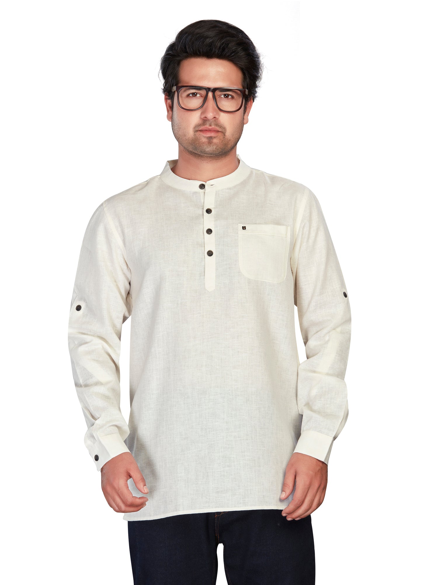 Linen Short Kurta for Men - Beige | SKSRLNCR38 | DesiQlo
