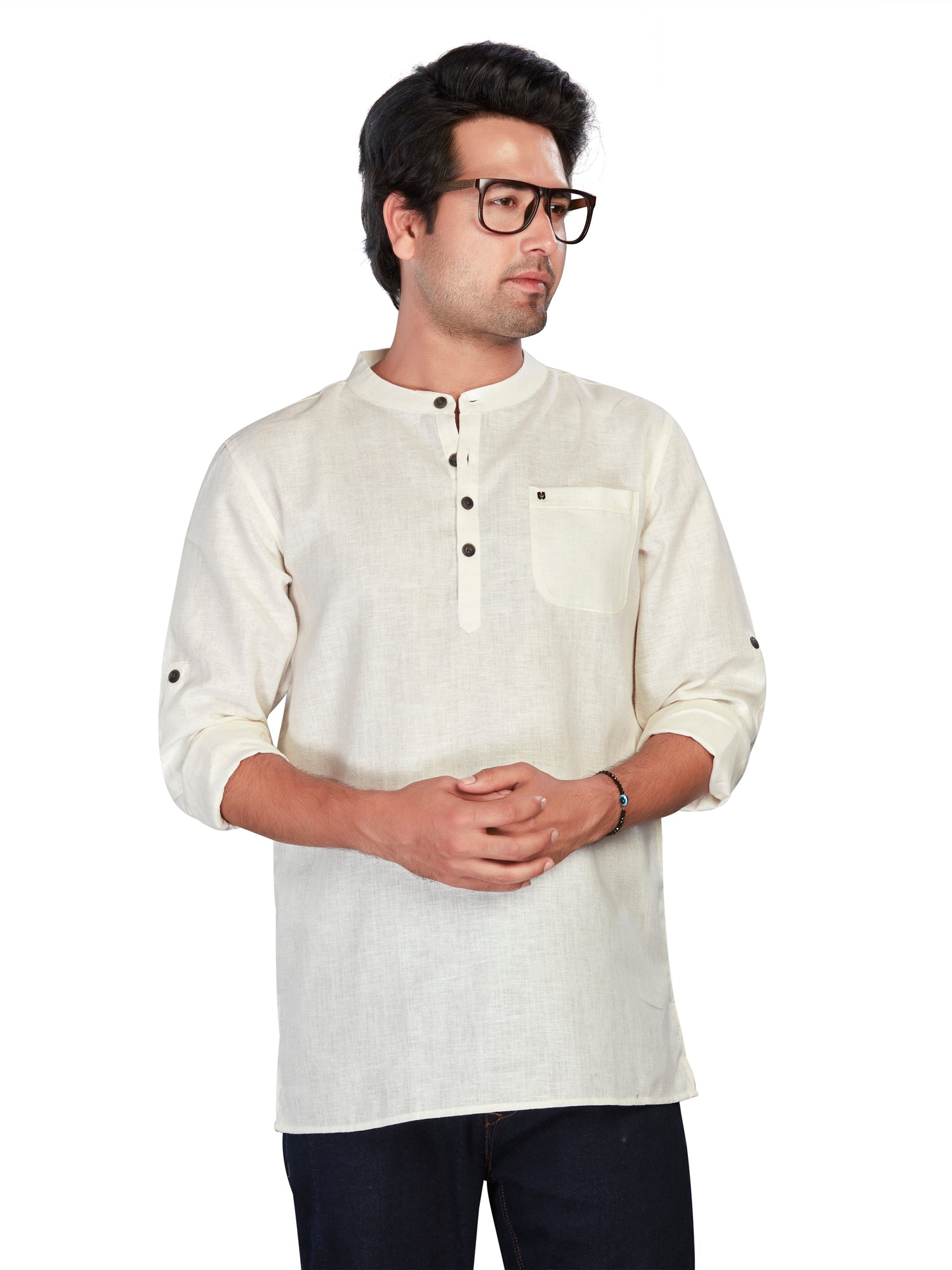 Linen Short Kurta for Men - Beige | SKSRLNCR38 | DesiQlo