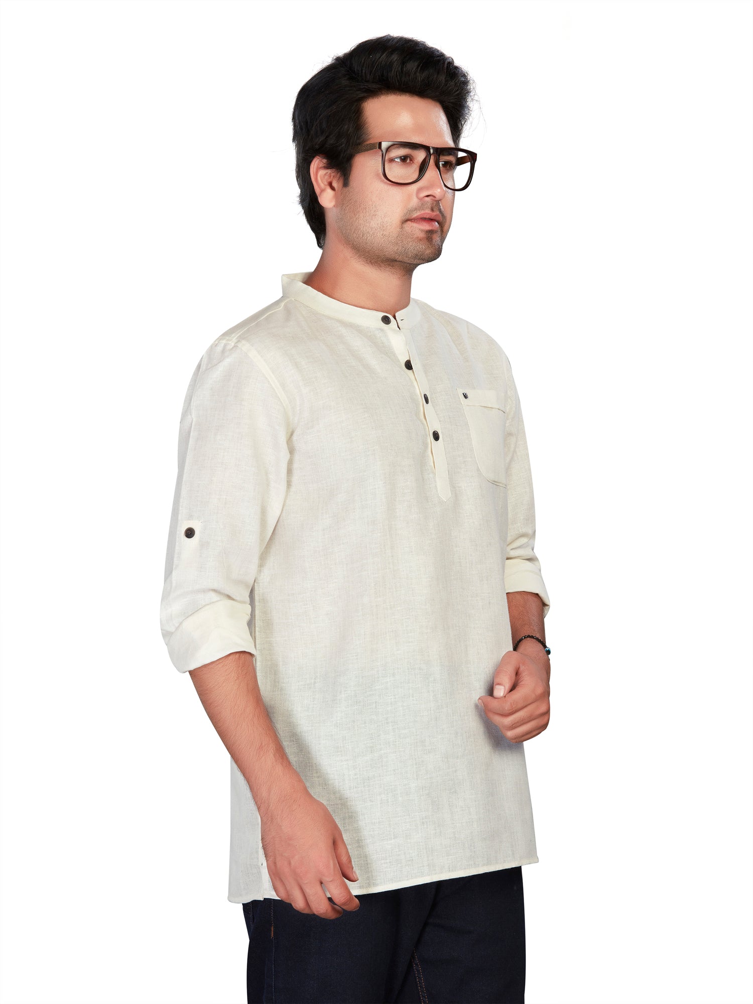 Linen Short Kurta for Men - Beige | SKSRLNCR38 | DesiQlo